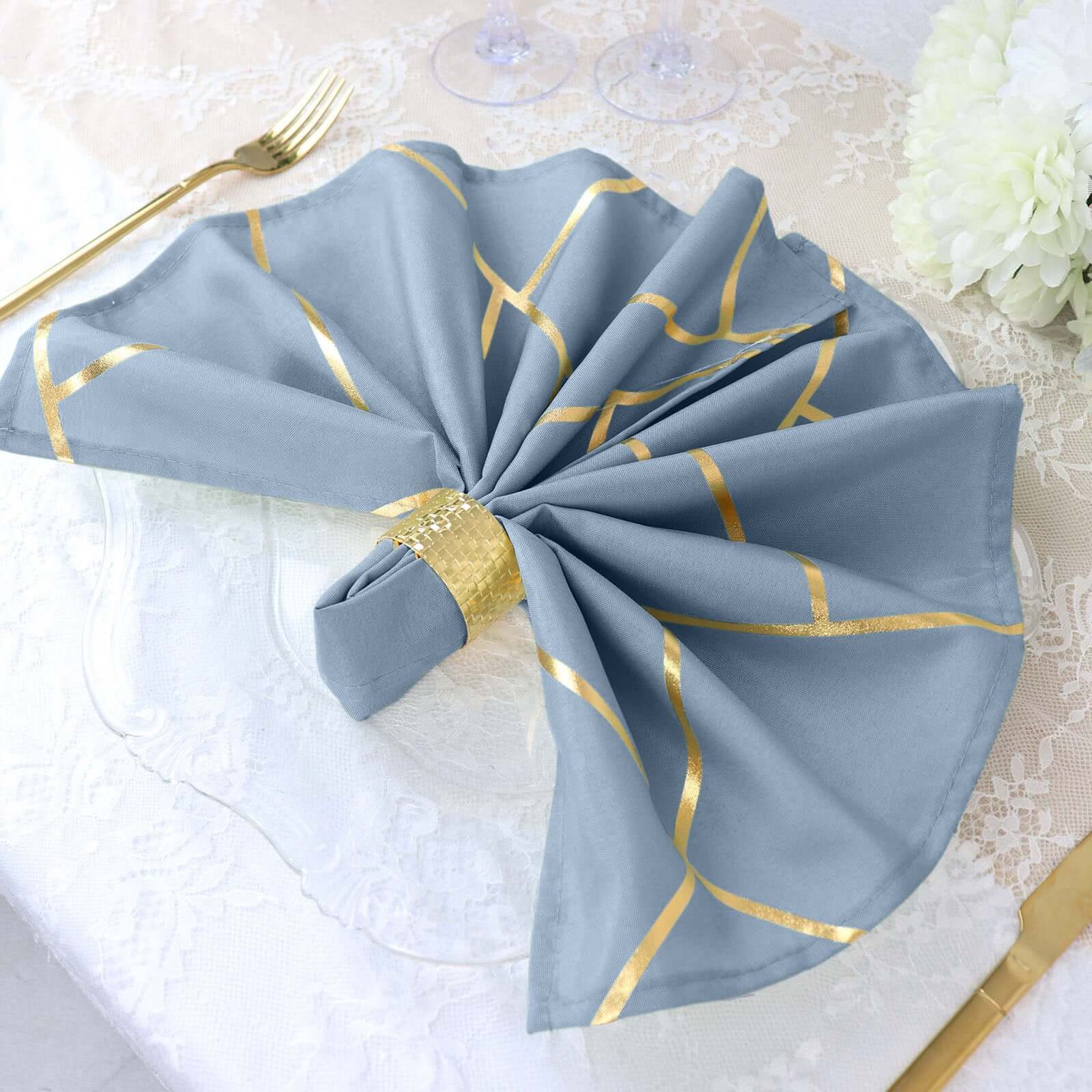 5 Pack Polyester 20x20 Napkins Dusty Blue with Gold Geometric Foil Pattern - Modern Reusable Dinner Napkins