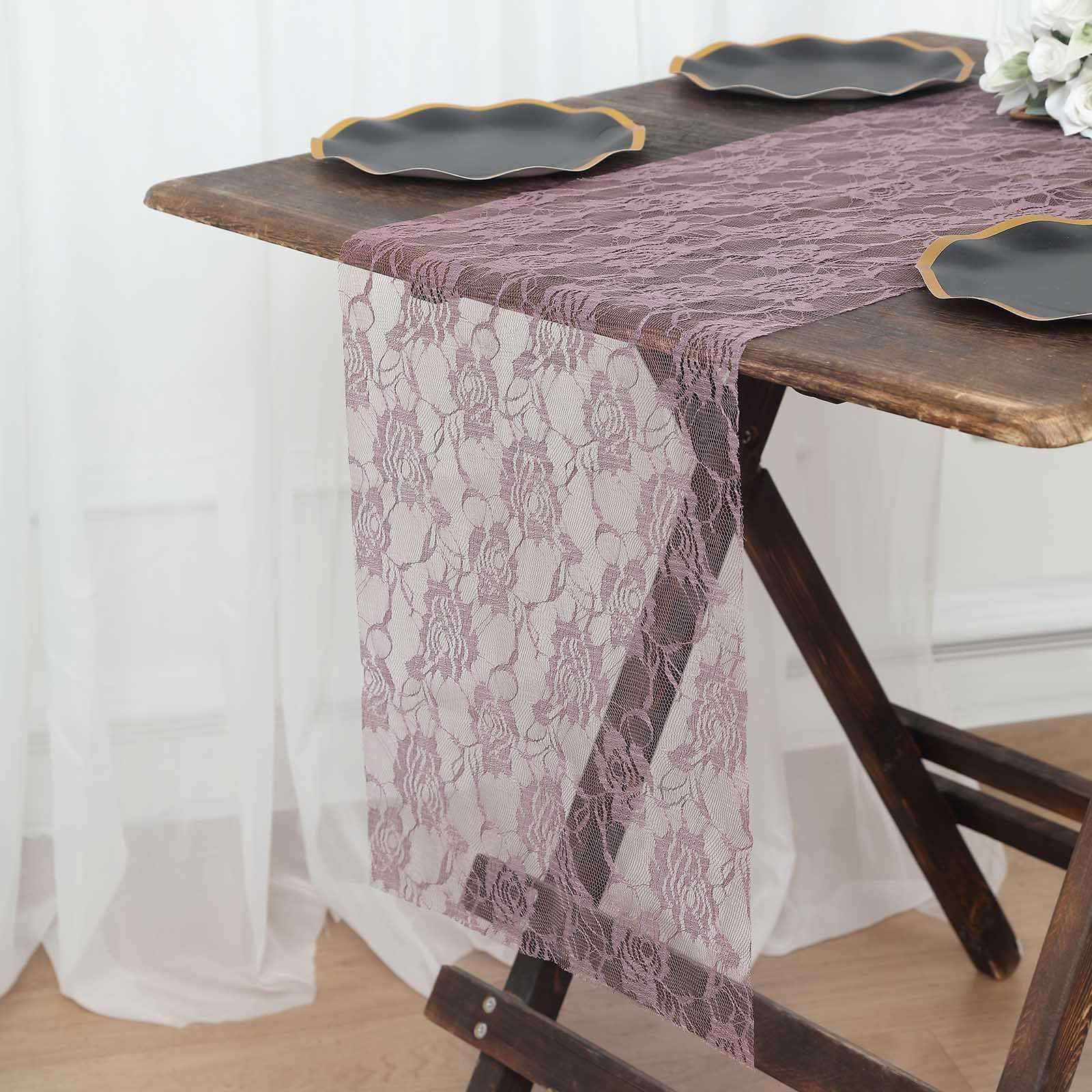 Lace 12x108 Table Runner Violet - Vintage Rose Pattern Table Decor