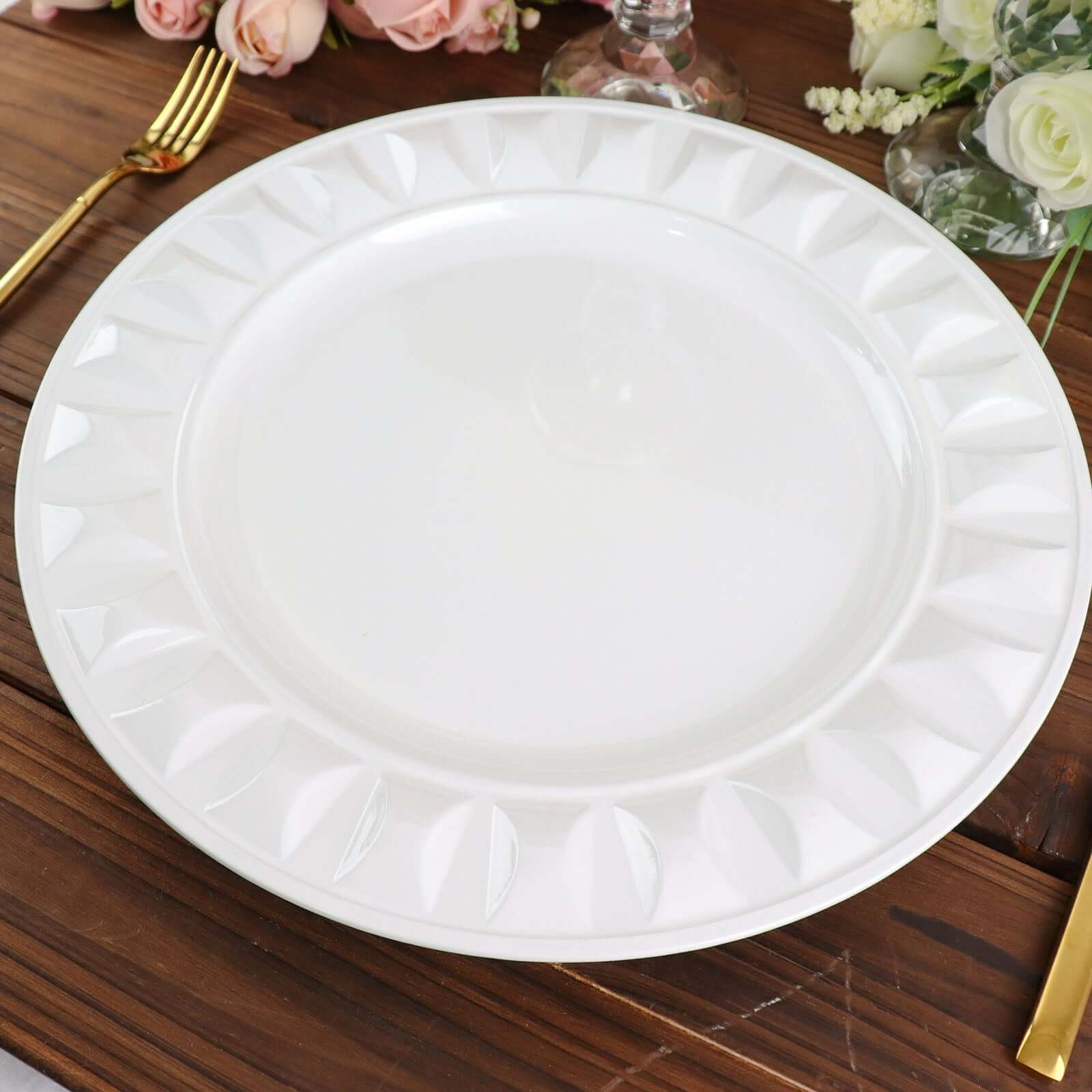 6-Pack Plastic Round Charger Plates 13 in White with Bejeweled Rim, Luxe Decorative Dinner Party Charger Tableware