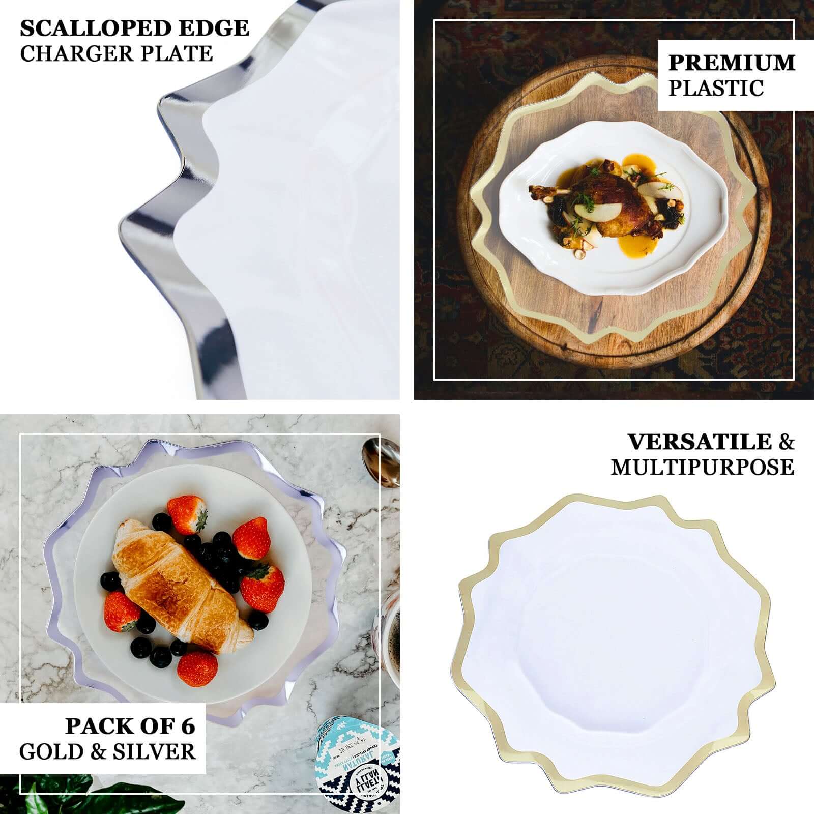 6-Pack Acrylic Plastic Round Charger Plates 13 in Clear with Gold Scalloped Edge, Exquisite Dinner Serving Plates