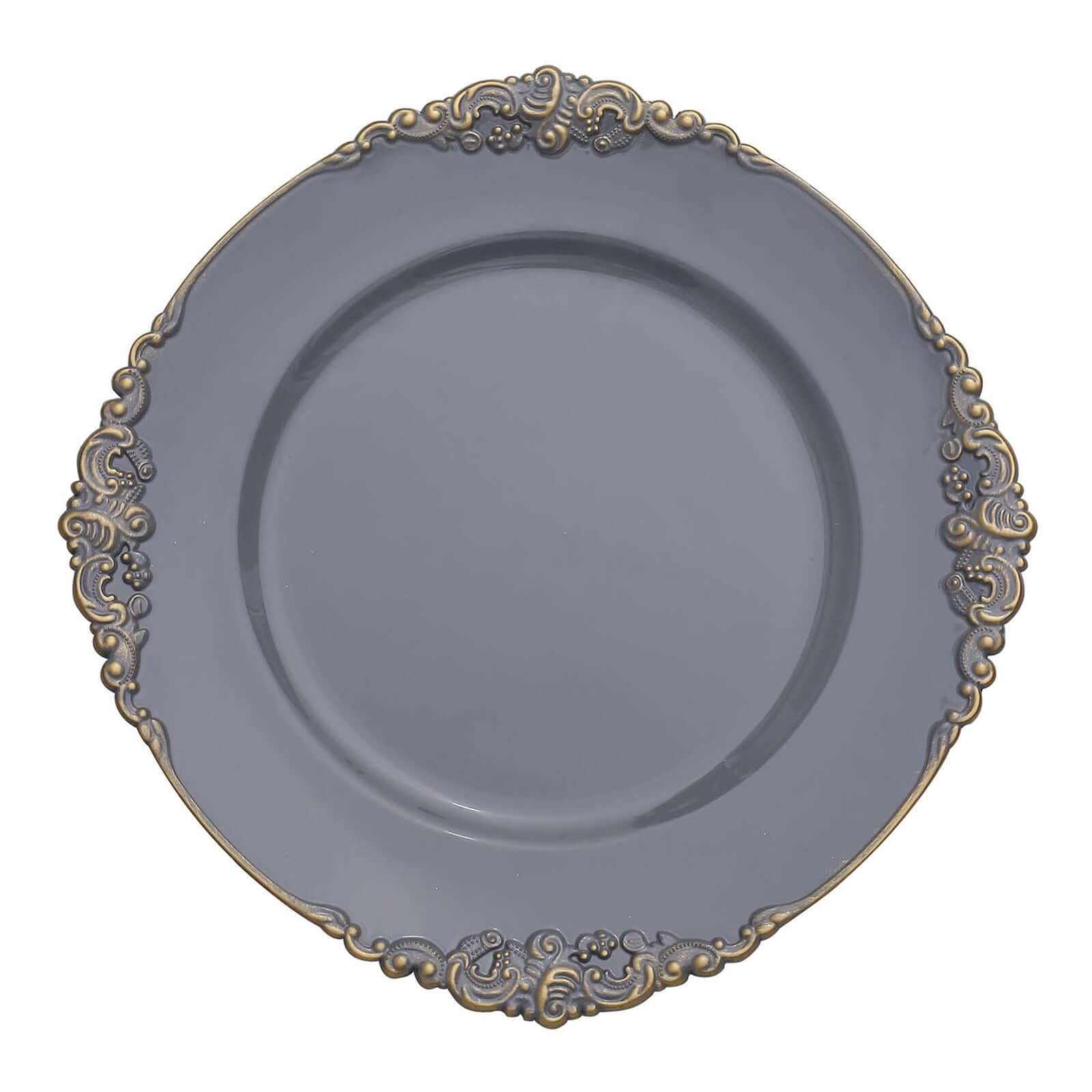 6-Pack Acrylic Round Charger Plates 13 in Charcoal Gray with Gold Embossed Baroque Rim, Antique Decorative Dinner Party Charger Tableware