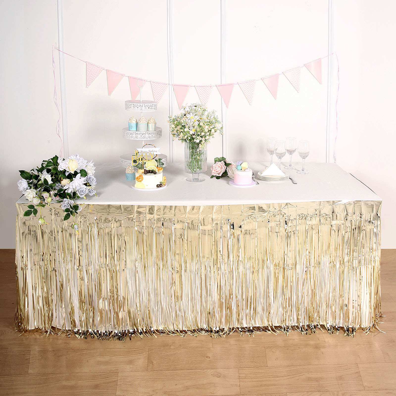 Metallic Foil Fringe Table Skirt Champagne with Self Adhesive Backing - Durable Tinsel Skirt for Parties 30x9ft