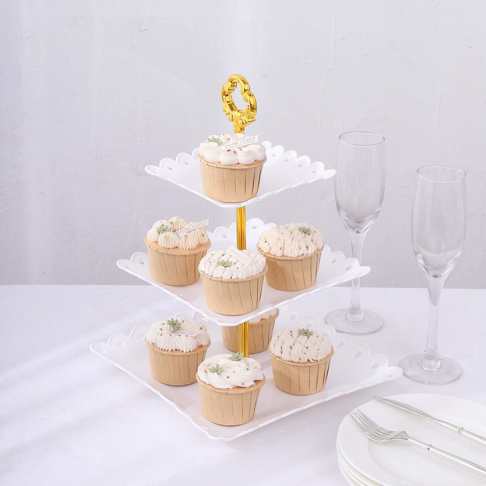 3-Tier Plastic Square Cupcake Stand Tower White - Charming Disposable Dessert Display Serving Tray Platter with Heart Wavy Edge & Gold Top Handle for Tea Parties Weddings & Special Occasions 13