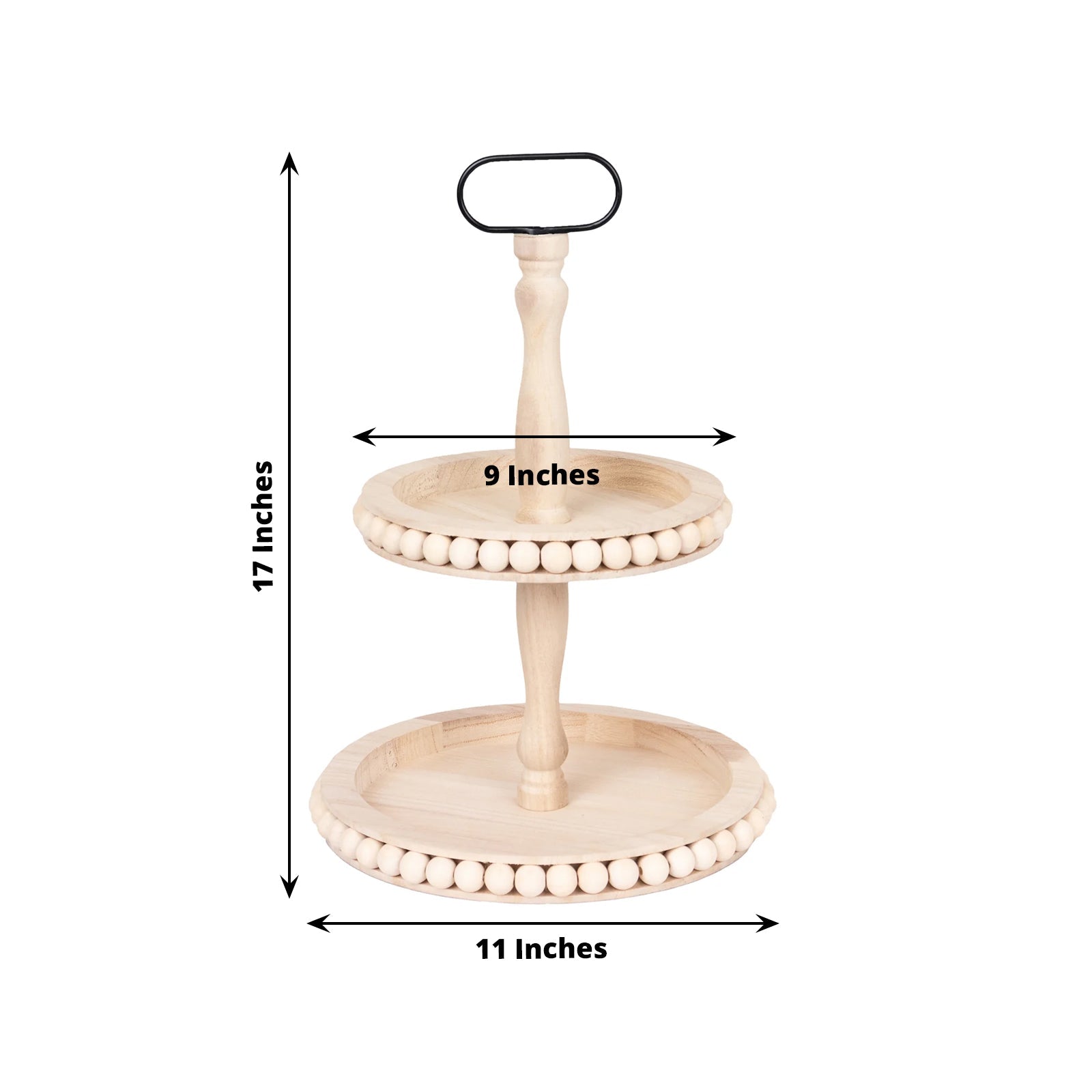 2-Tier Wooden Serving Tray Stand Beaded Design with Metal Handle Natural - Round Rustic Farmhouse Cupcake Display 17