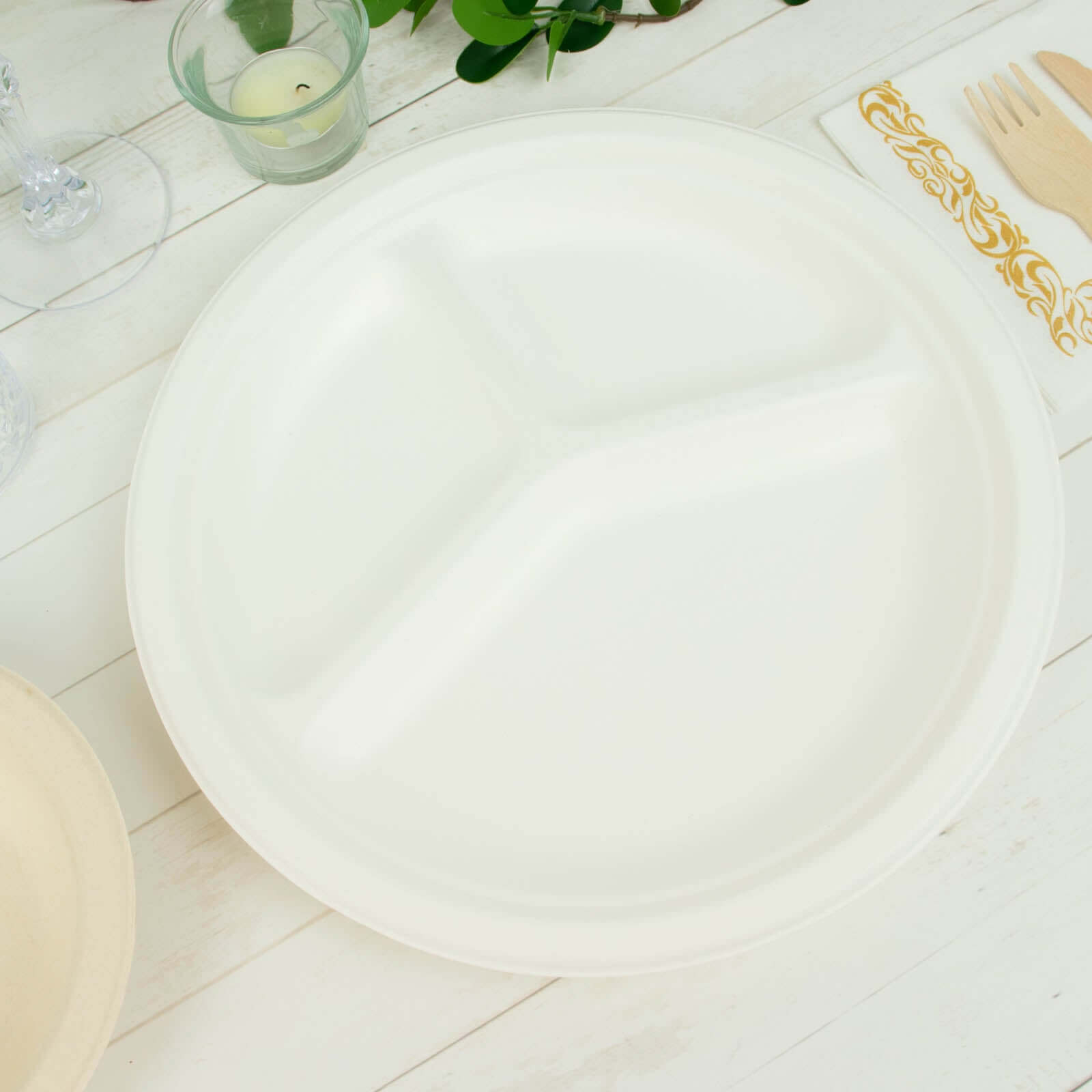 50-Pack Bagasse 10 Round Dinner Plates in White with 3-Compartments - Eco Friendly Biodegradable Sugarcane Divided Plates for Food Trucks Catering & Events