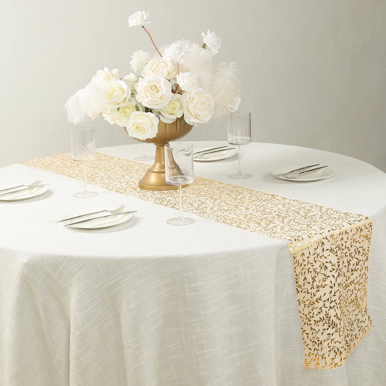 5 Pack Organza Mesh 11x108 Table Runner Rolls White with Gold Foil Leaf Vines - Disposable Stylish & Chic Table Decor