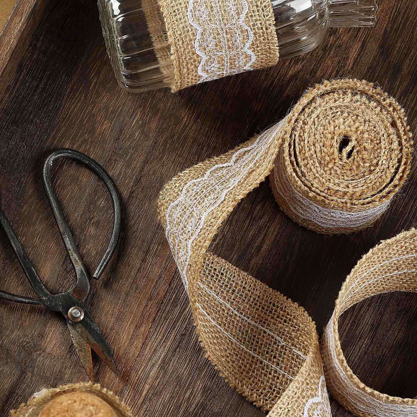 2 x 16FT Natural Jute Burlap Ribbon With Wavy Lace