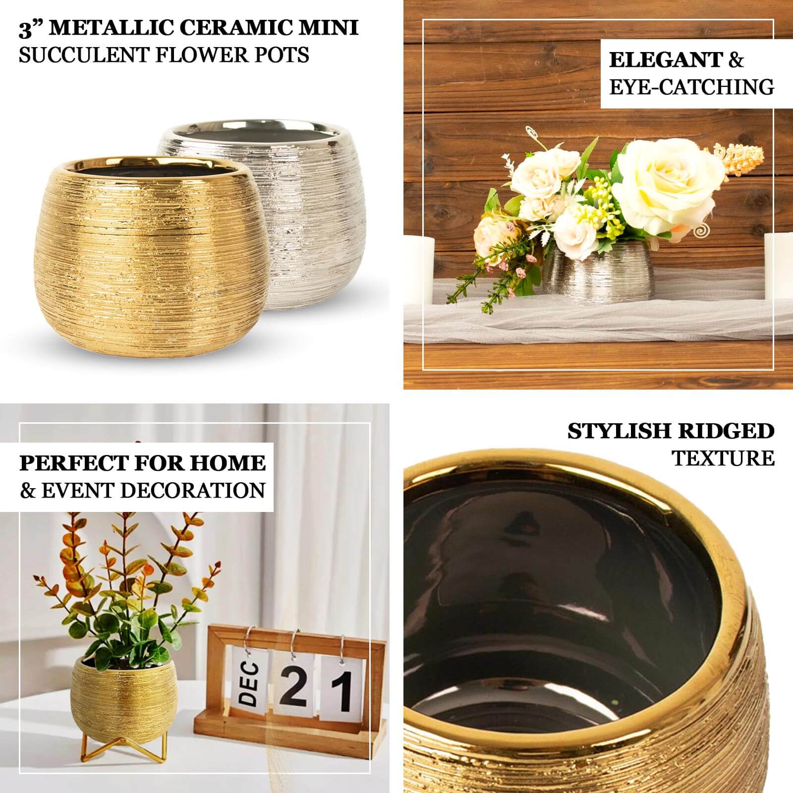 4-Pack Flower Vase Pots Textured Round Design Gold - Ceramic Brushed Indoor Planters 3