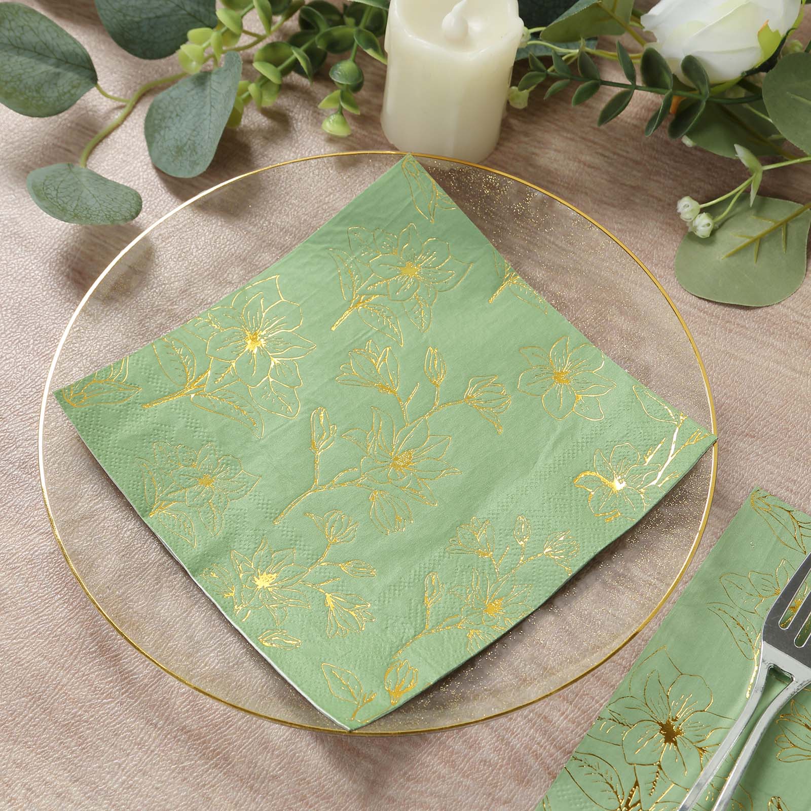 50-Pack Paper Cocktail Napkins with Gold Magnolia Flowers Print Sage Green - Highly 2 Ply Absorbent Soft Napkins for Beverages