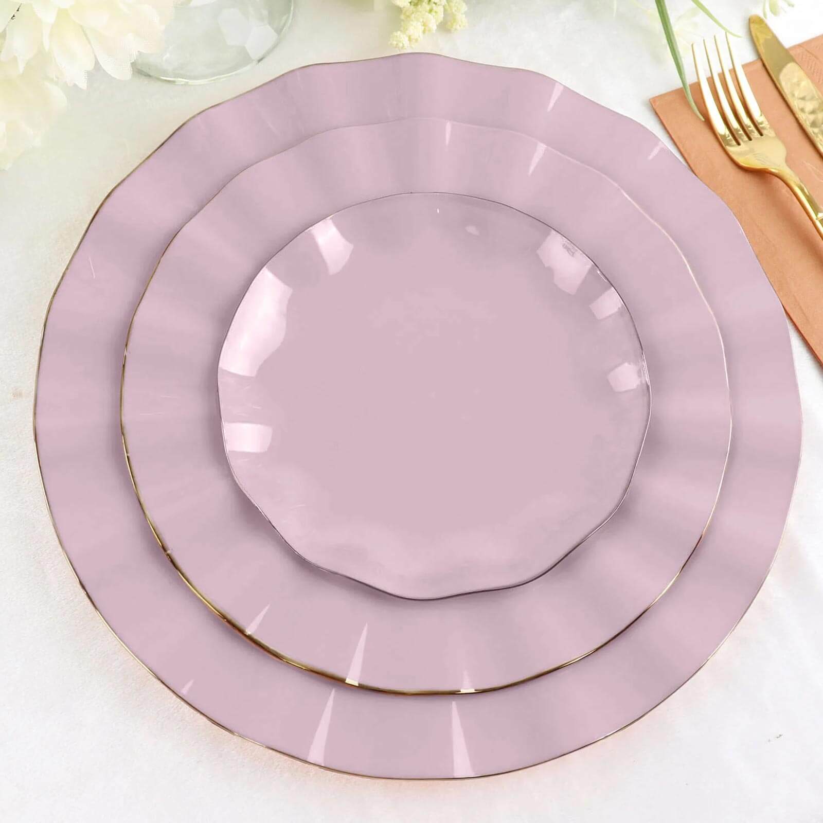 10-Pack Plastic Round 6 Dessert Plates in Lavender Lilac Ruffled Rim with Gold Edging - Sturdy Disposable Salad Appetizer Dinnerware