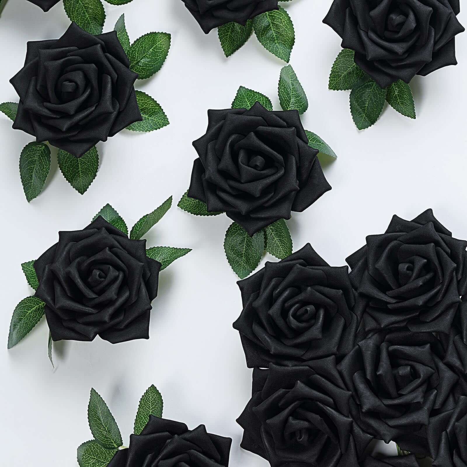 24 Roses 5 Black Artificial Foam Flowers With Stem Wire and Leaves