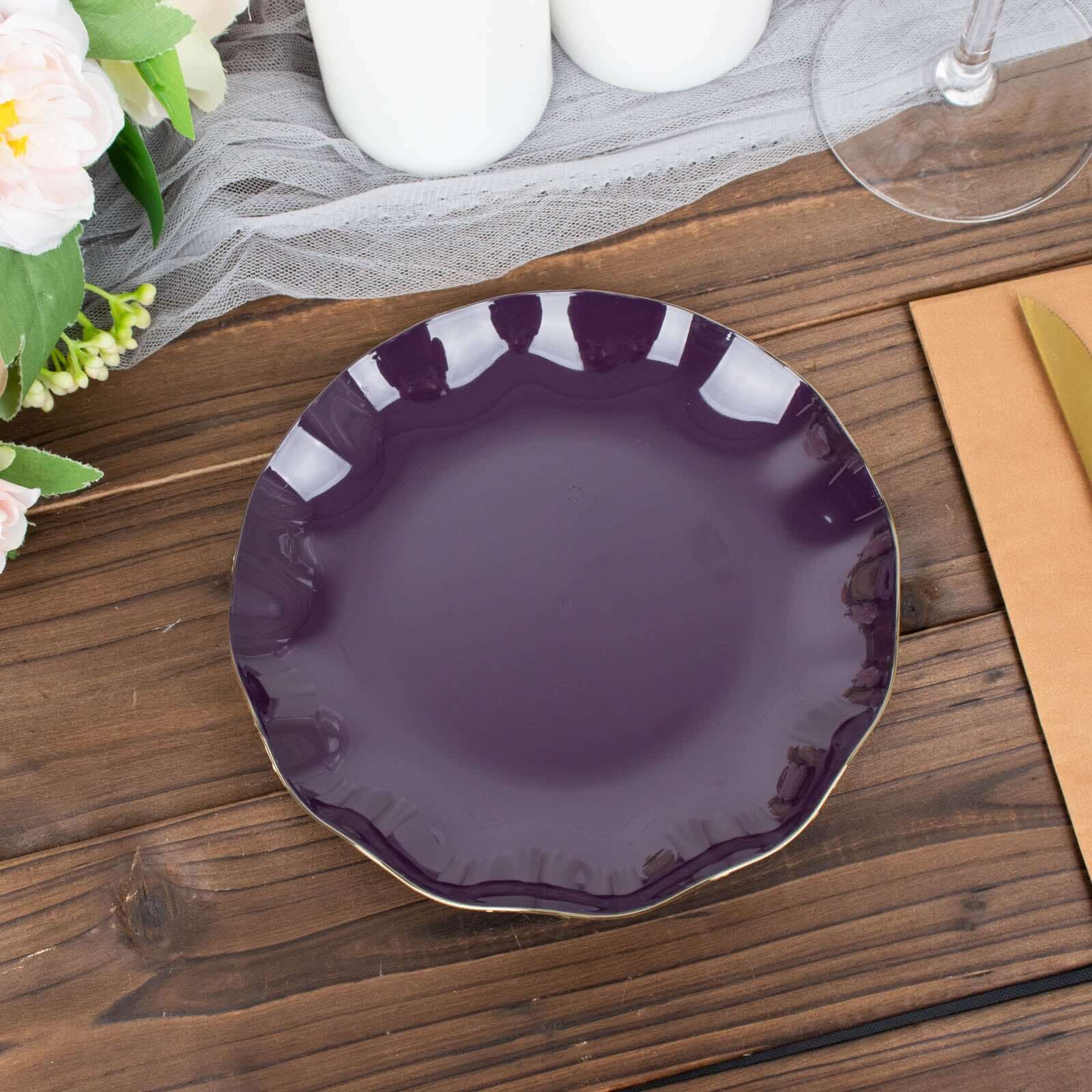 10-Pack Plastic Round 6 Dessert Plates in Purple Ruffled Rim with Gold Edging - Sturdy Disposable Salad Appetizer Dinnerware