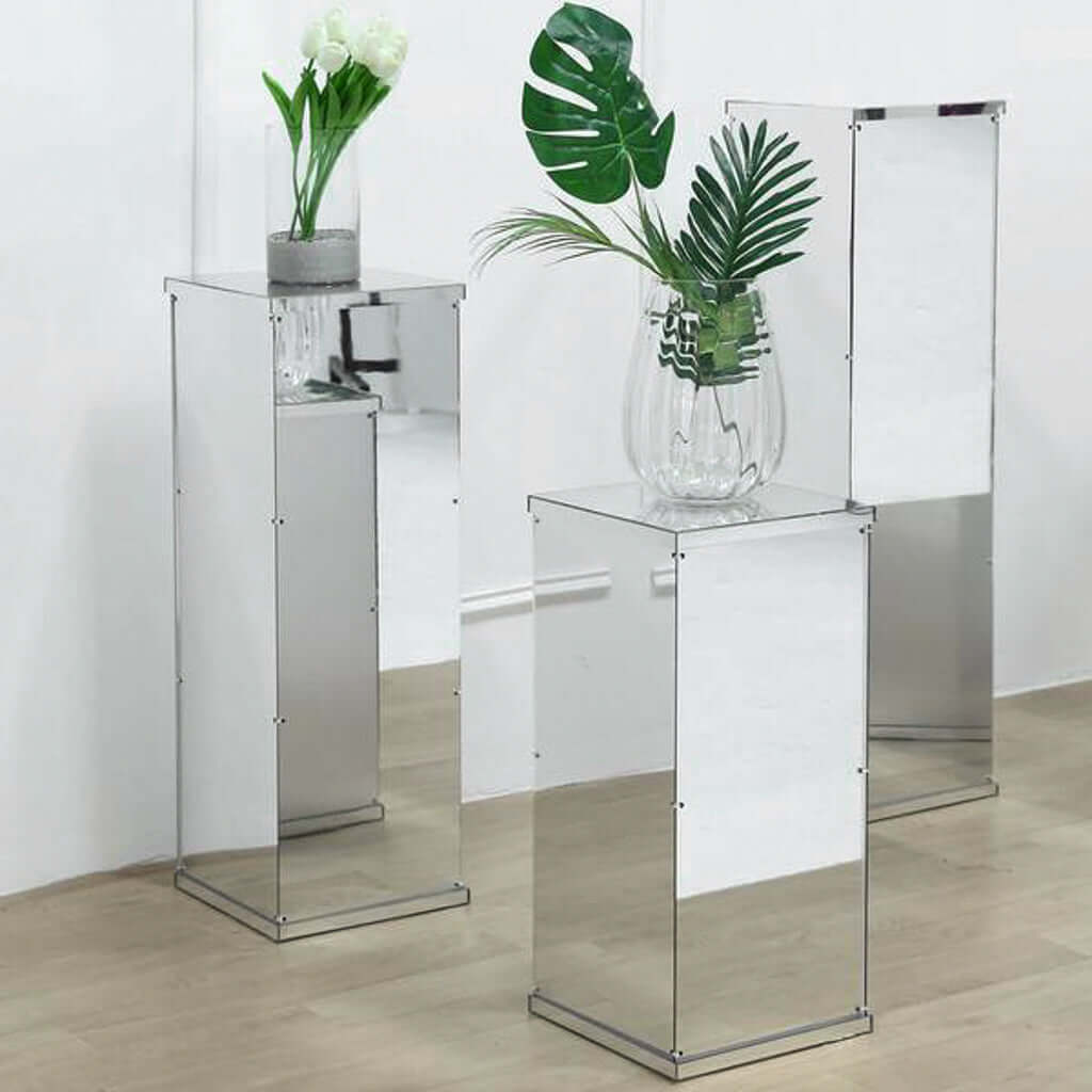 24 Silver Mirror Finish Acrylic Display Box, Pedestal Riser with Interchangeable Lid and Base