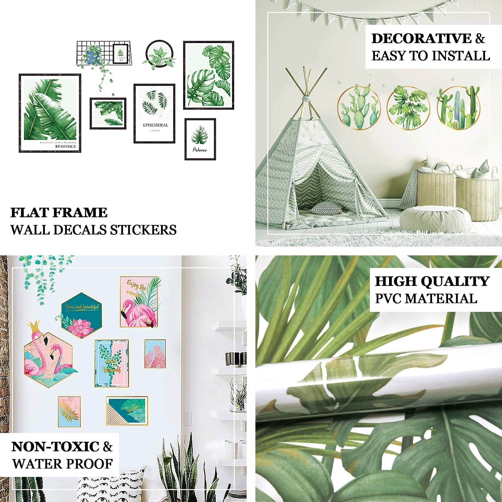 Green Tropical Leaf Plants and Cactus Flat Frame Wall Decals, Decor Stickers