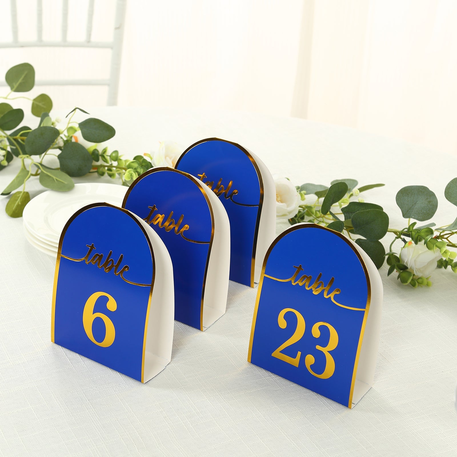 25-Pack Paper Wedding Table Numbers 1-25 Royal Blue Arch Cutout Design - Sleek & Modern Free Standing Double Sided Table Tent Cards with Metallic Gold Foil Numbers 7