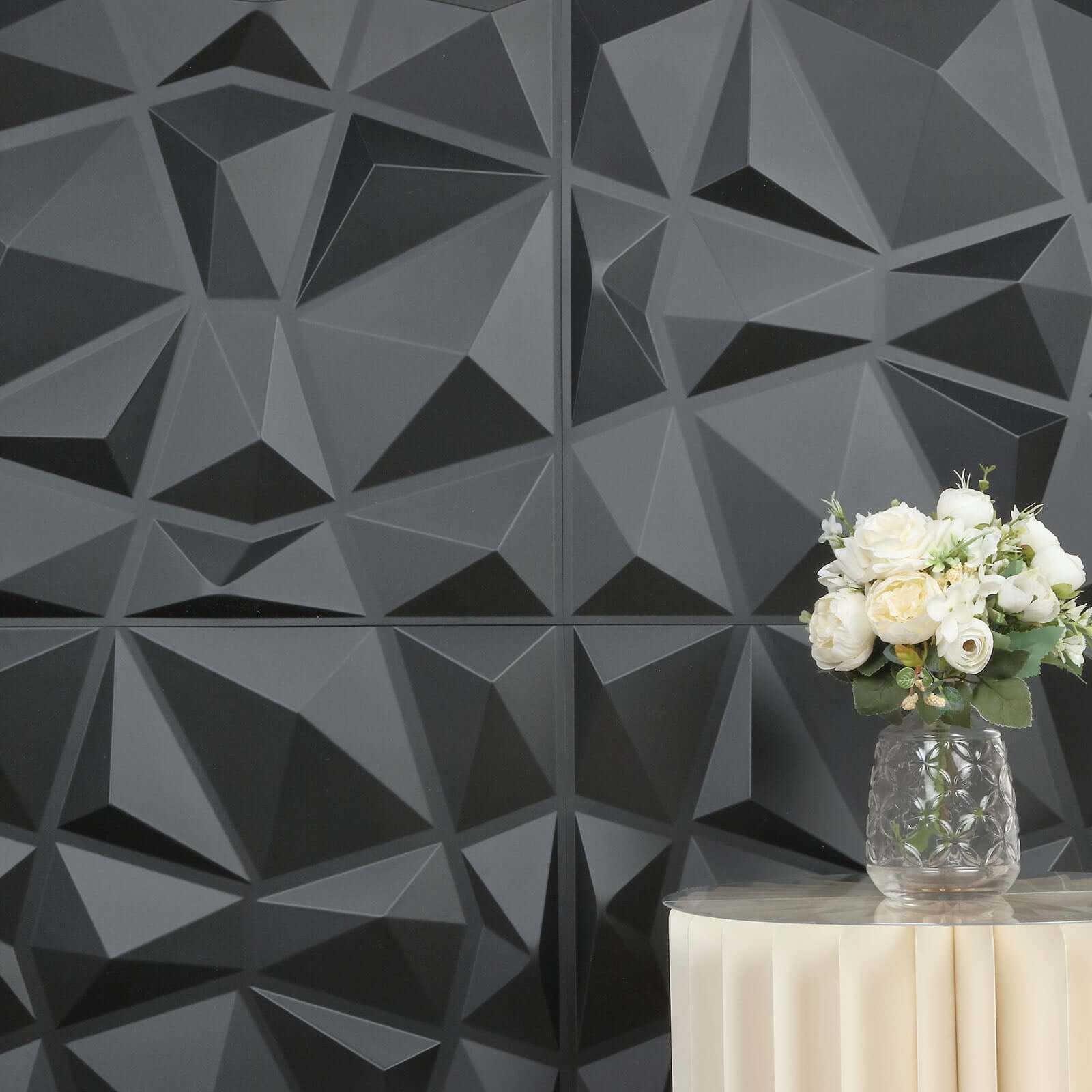 12 Pack 20x20 Matte Black 3D Texture PVC Diamond Design Wall Tiles, Stick On Waterproof Wall Panels