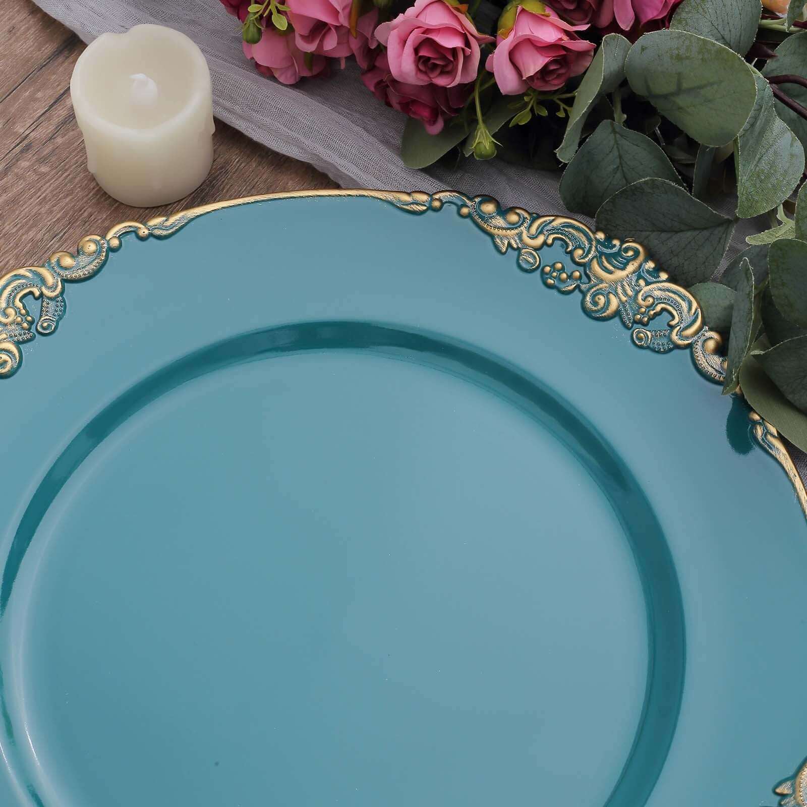 6-Pack Acrylic Round Charger Plates 13 in Peacock Teal with Gold Embossed Baroque Rim, Antique Decorative Dinner Party Charger Tableware