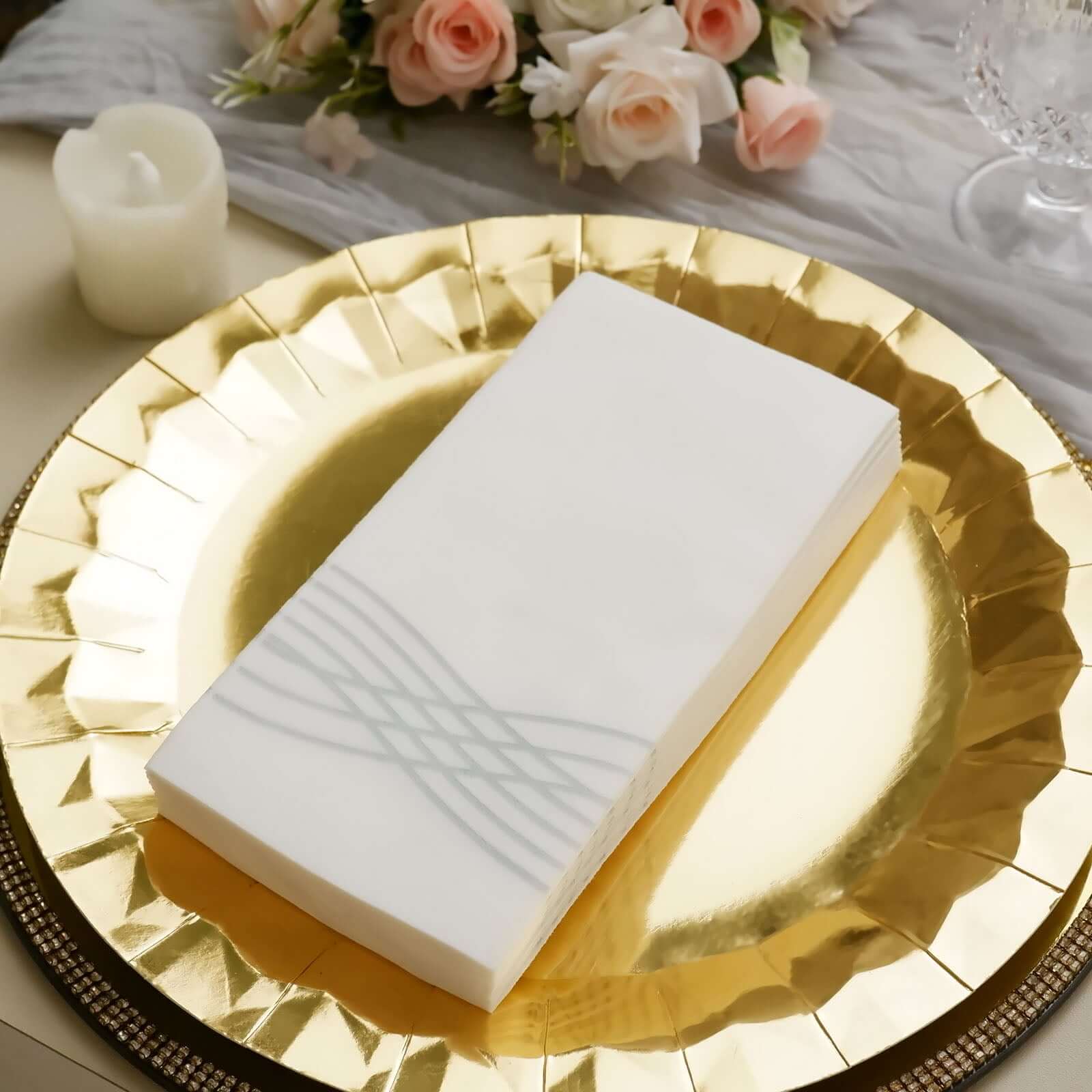 25 Pack Linen-Like Paper 8x4 Napkins White with Metallic Silver Foil Wave Design - Soft & Absotbent Airlaid Hand Towels