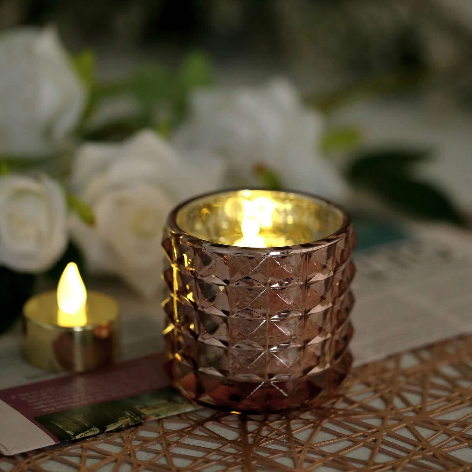 6-Pack Mercury Glass Votive Holders Studded Faceted Design Rose Gold - Tealight Candle Holders 3