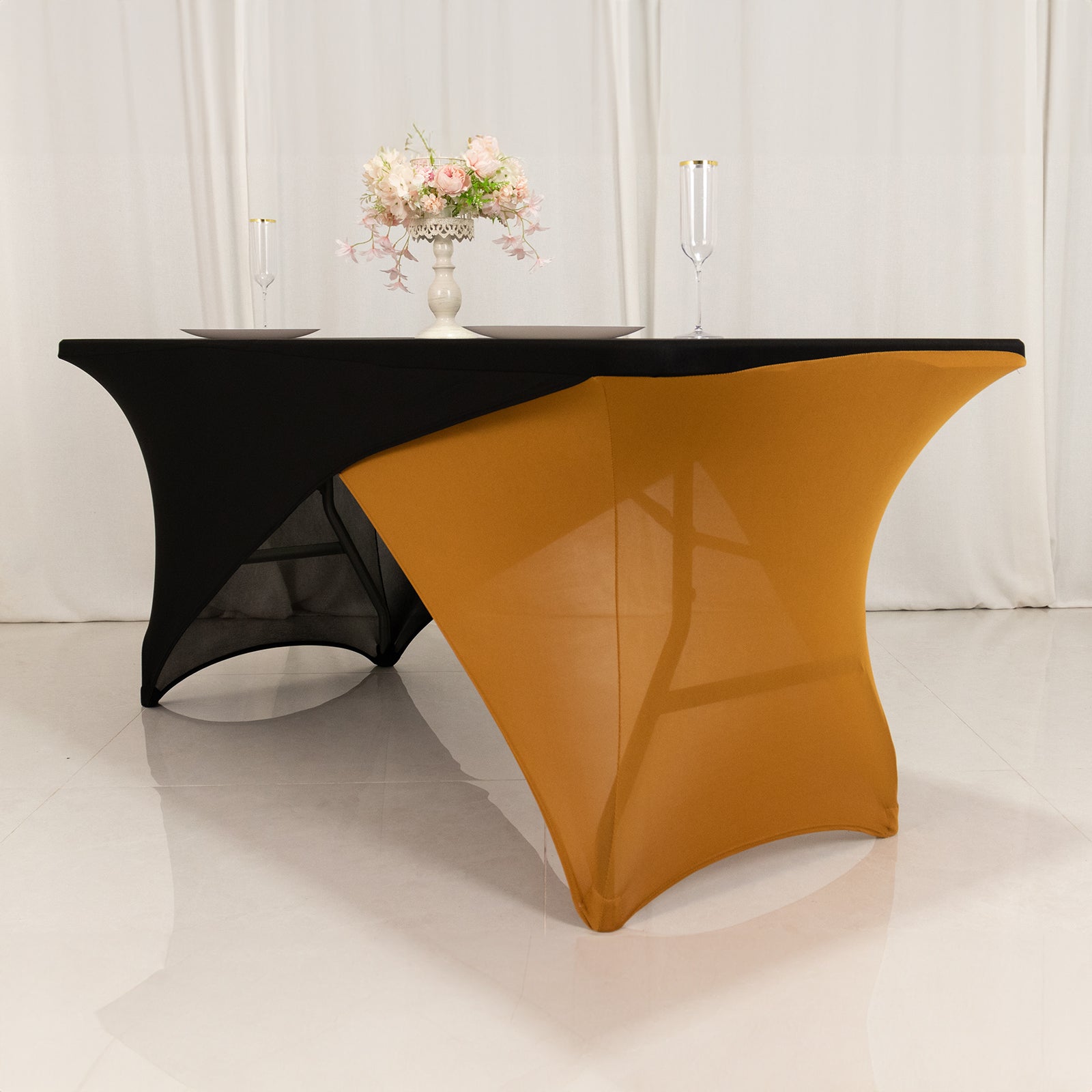 Stretch Spandex 72x30 Rectangle Table Cover Black/Gold Cross Over Design - Two-Piece Fitted Tablecloth with Elastic Foot Pockets