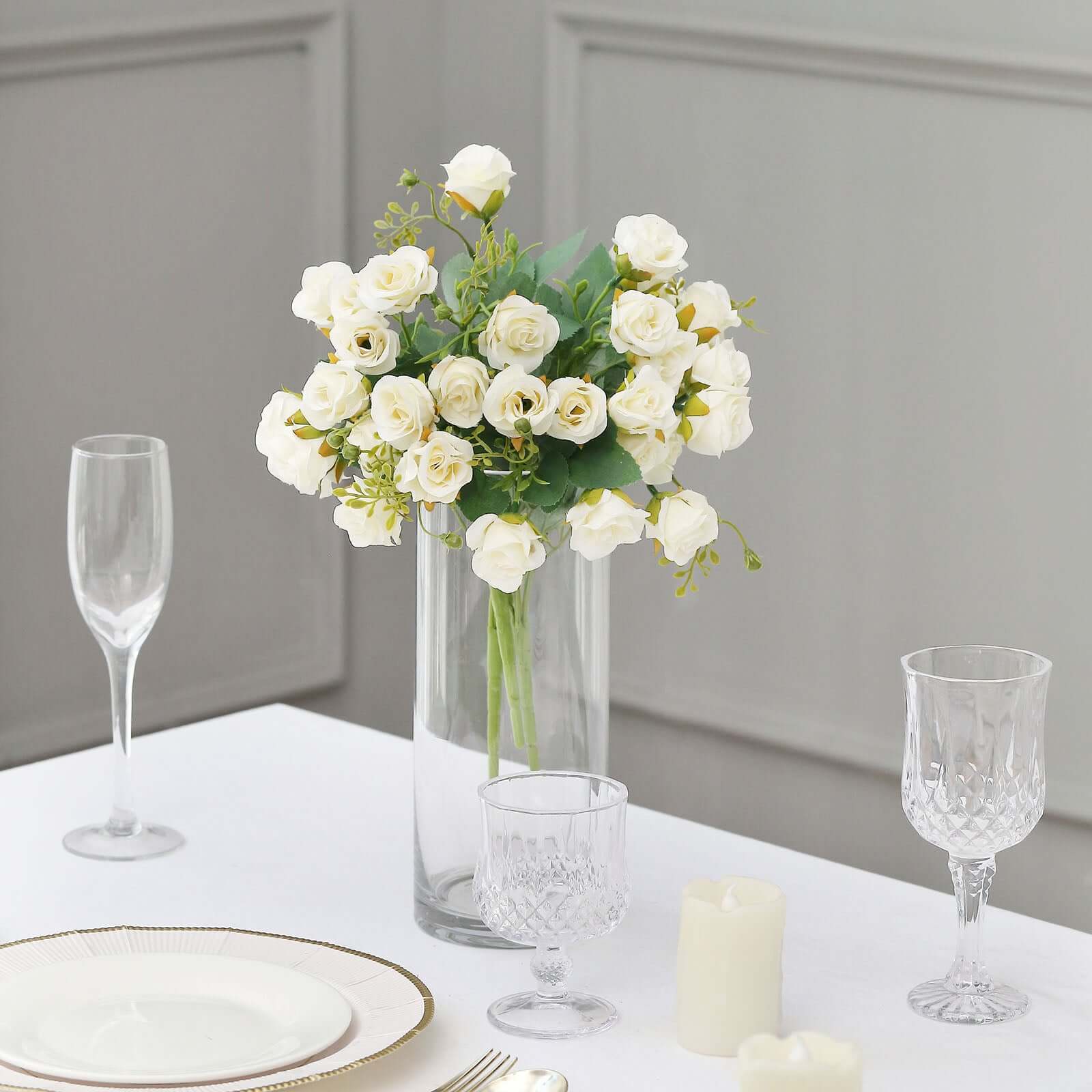 2 Pack 12 Ivory Artificial Open Rose Flower Arrangements, Small Faux Floral Bouquets
