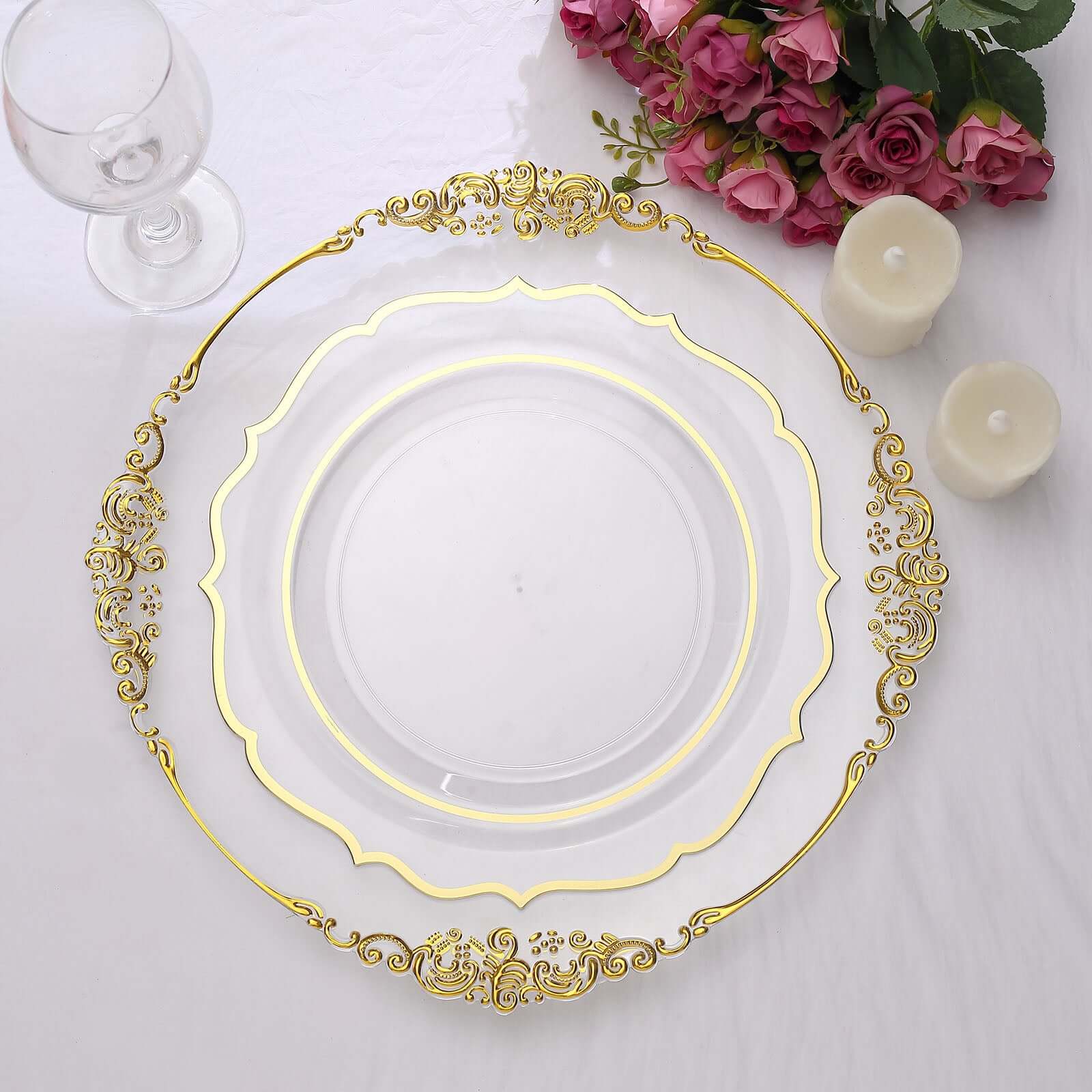 10-Pack Plastic 10 Round Dinner Plates in Clear with Gold Scalloped Rim - Disposable Party Plates