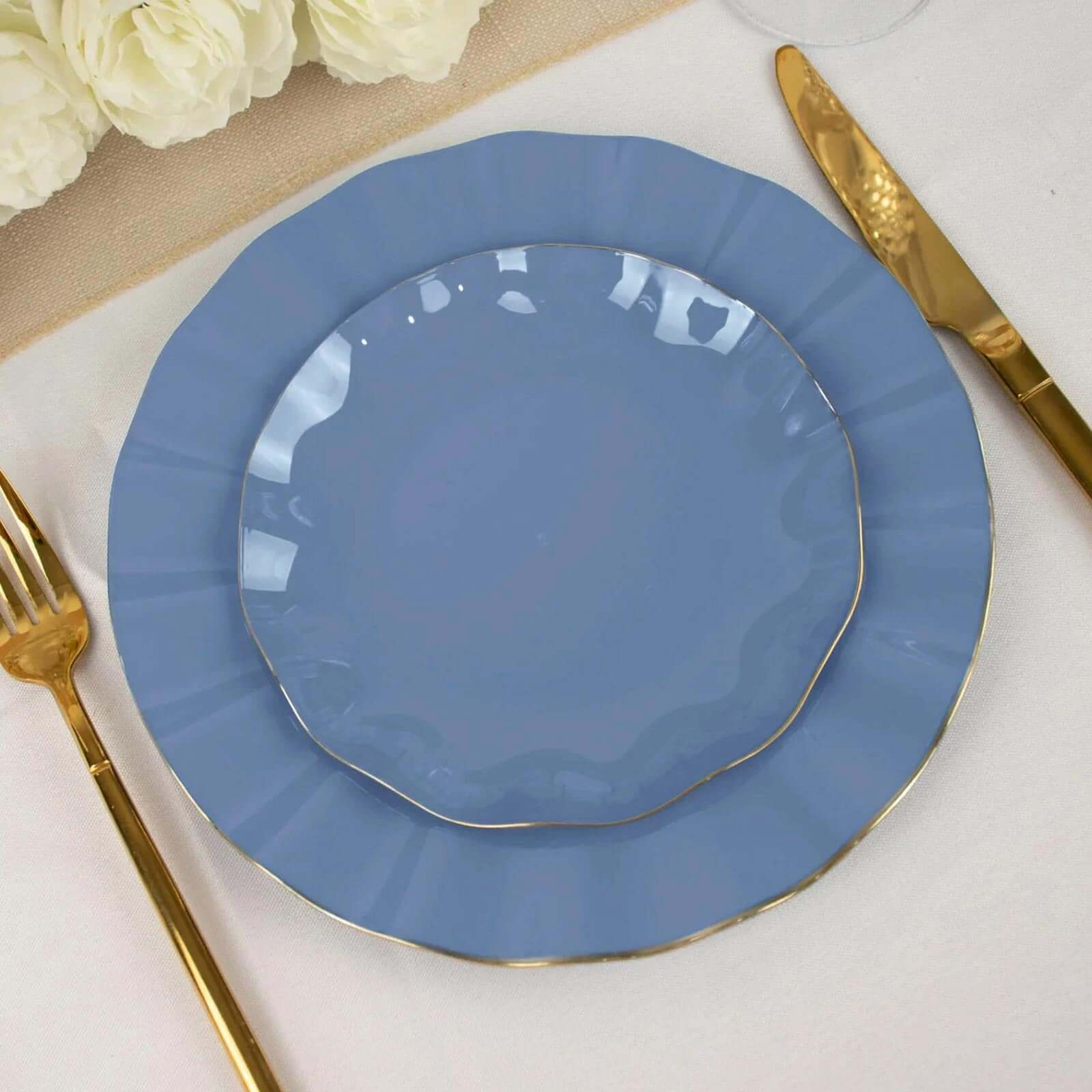 10-Pack Plastic Round 6 Dessert Plates in Ocean Blue Ruffled Rim with Gold Edging - Sturdy Disposable Salad Appetizer Dinnerware