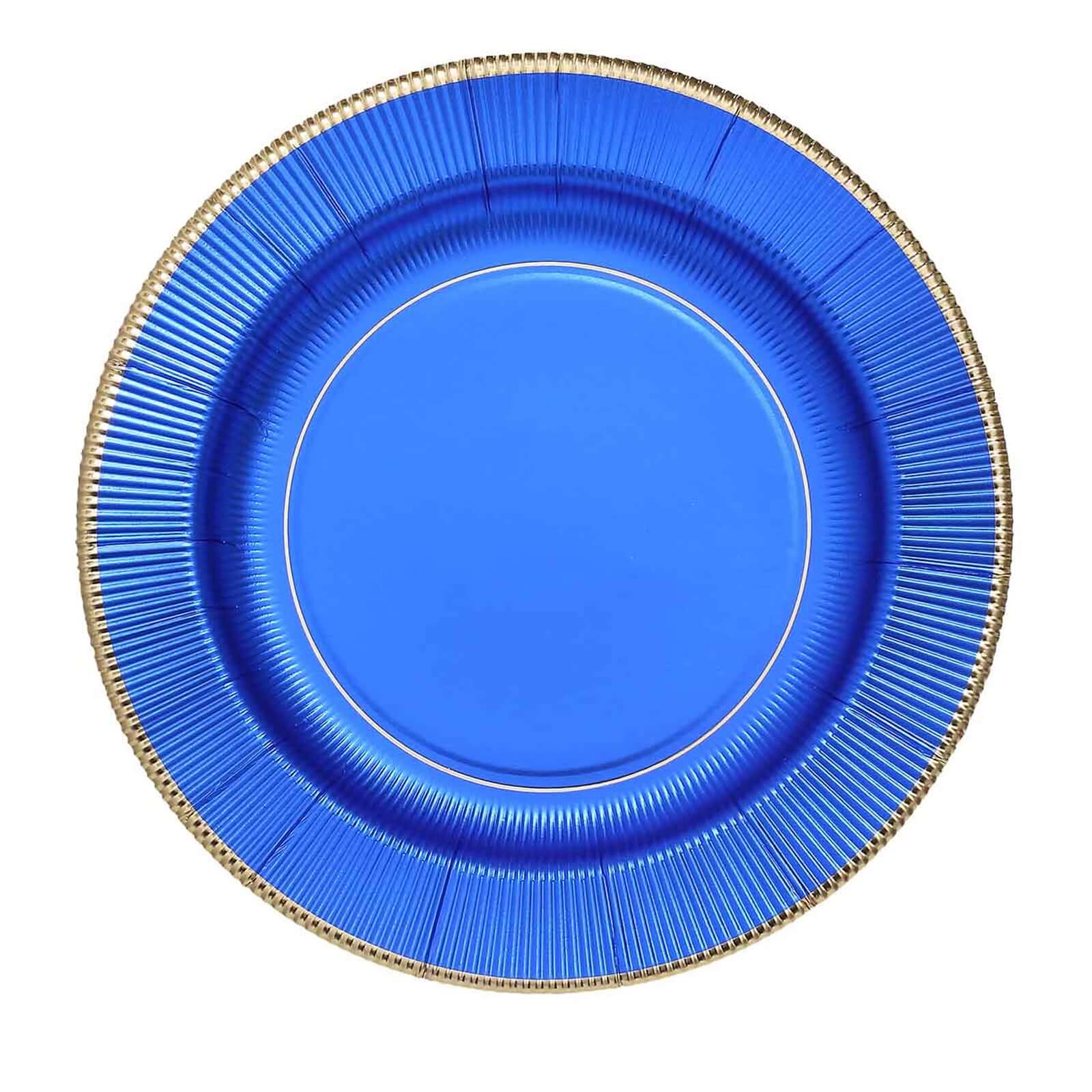 25-Pack Paper 10 Round Dinner Plates in Royal Blue Sunray Design with Gold Rim - Disposable Heavy Duty 350GSM Party Plates