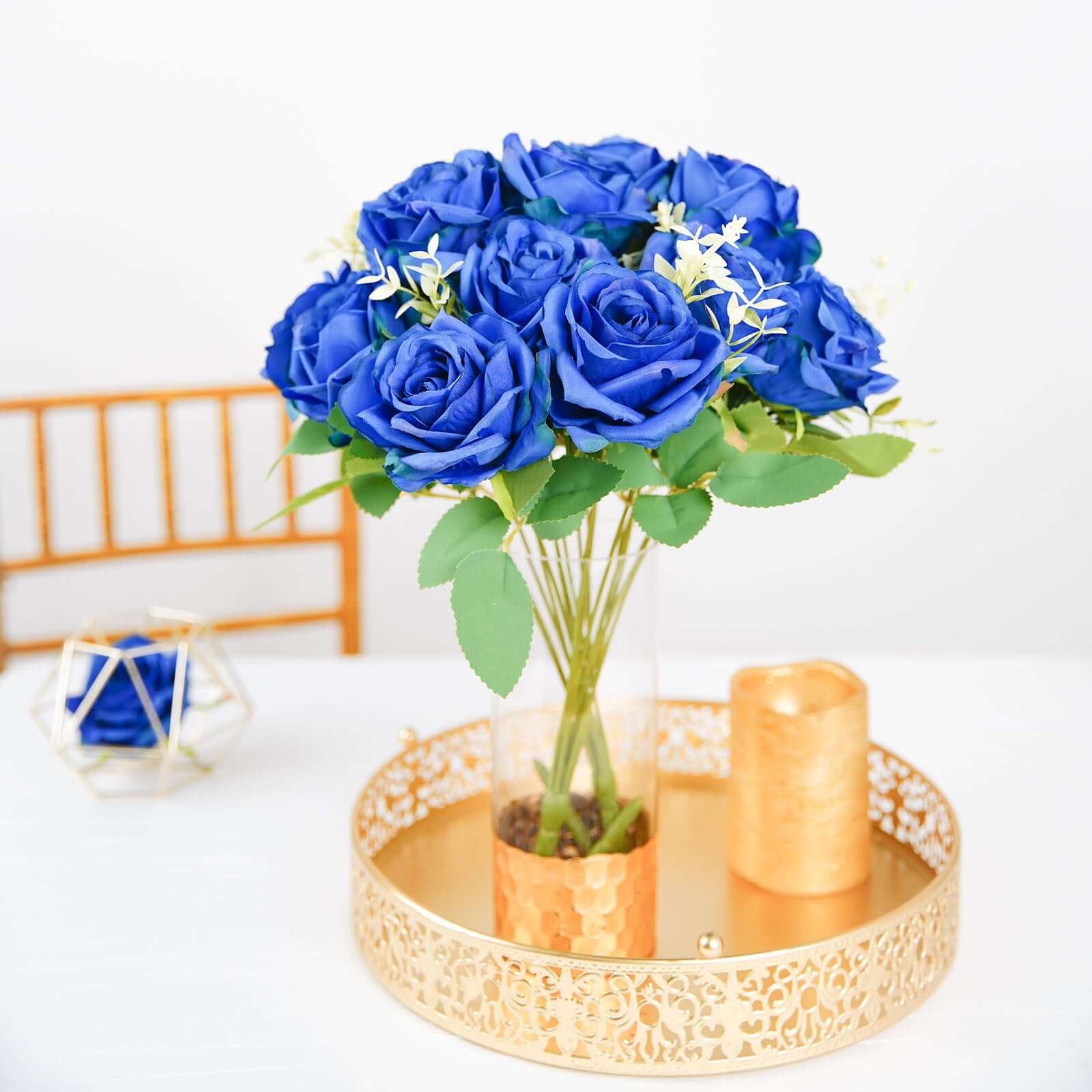 2 Bushes 18 Real Touch Royal Blue Artificial Rose Flower Bouquet, Silk Long Stem Flower Arrangements
