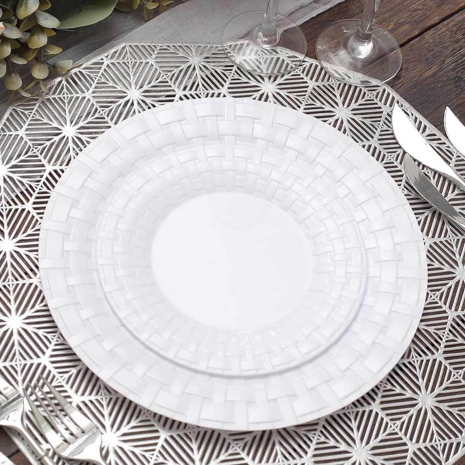 10 Pack 7 White Basketweave Rim Plastic Salad Dessert Plates, Round Disposable Appetizer Plates