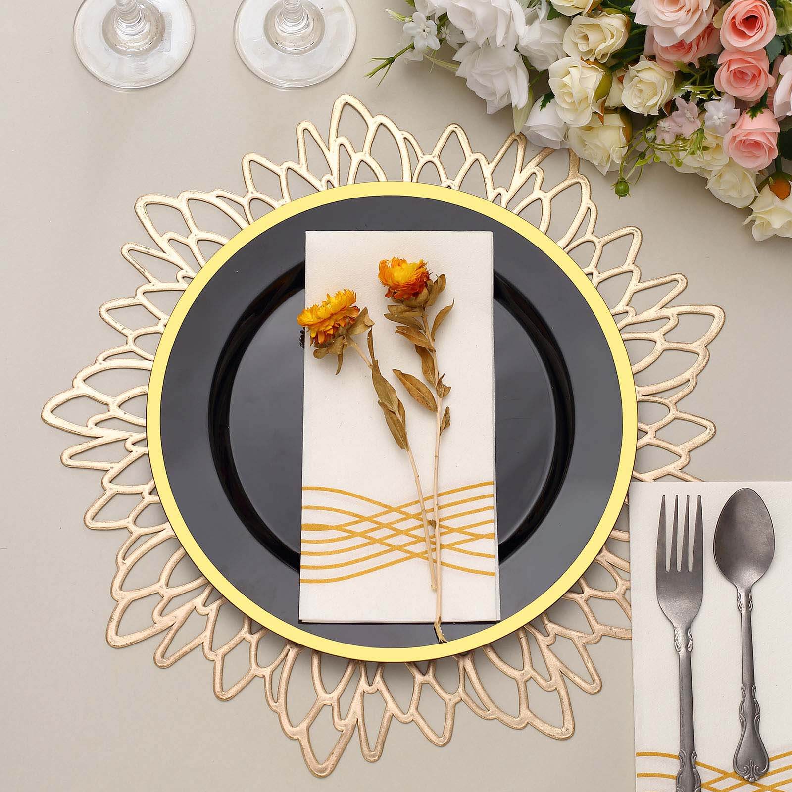 10-Pack Plastic 10 Round Dinner Plates in Black with Gold Rim - Disposable Party Plates for Classy Banquets & Special Occasions