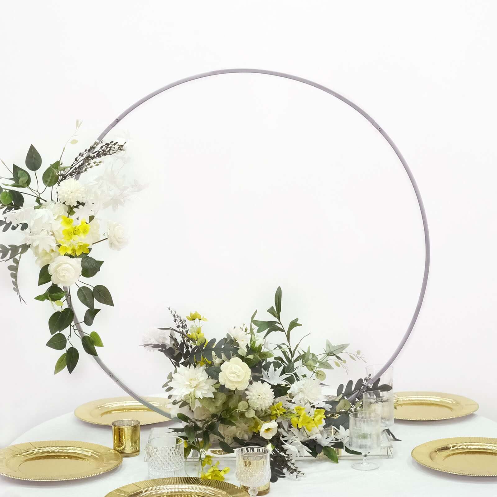 Round Wedding Hoop Table Centerpiece Metal Silver - Self-Standing Floral Wreath Frame for Events 36