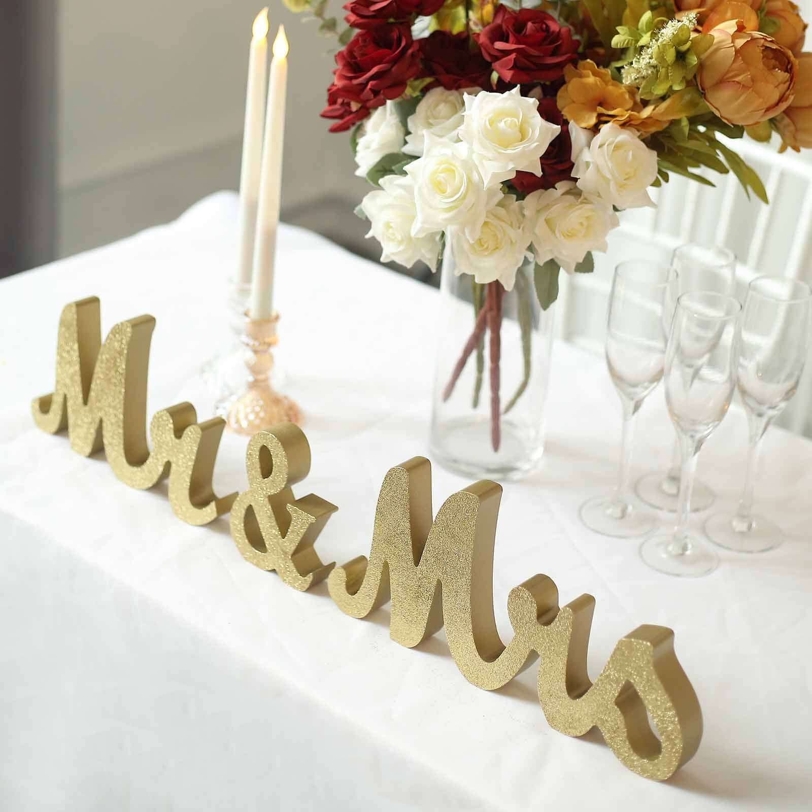 Wooden Mr & Mrs Freestanding Letters Gold Glittered - Rustic Glam Wedding Table Display Signs