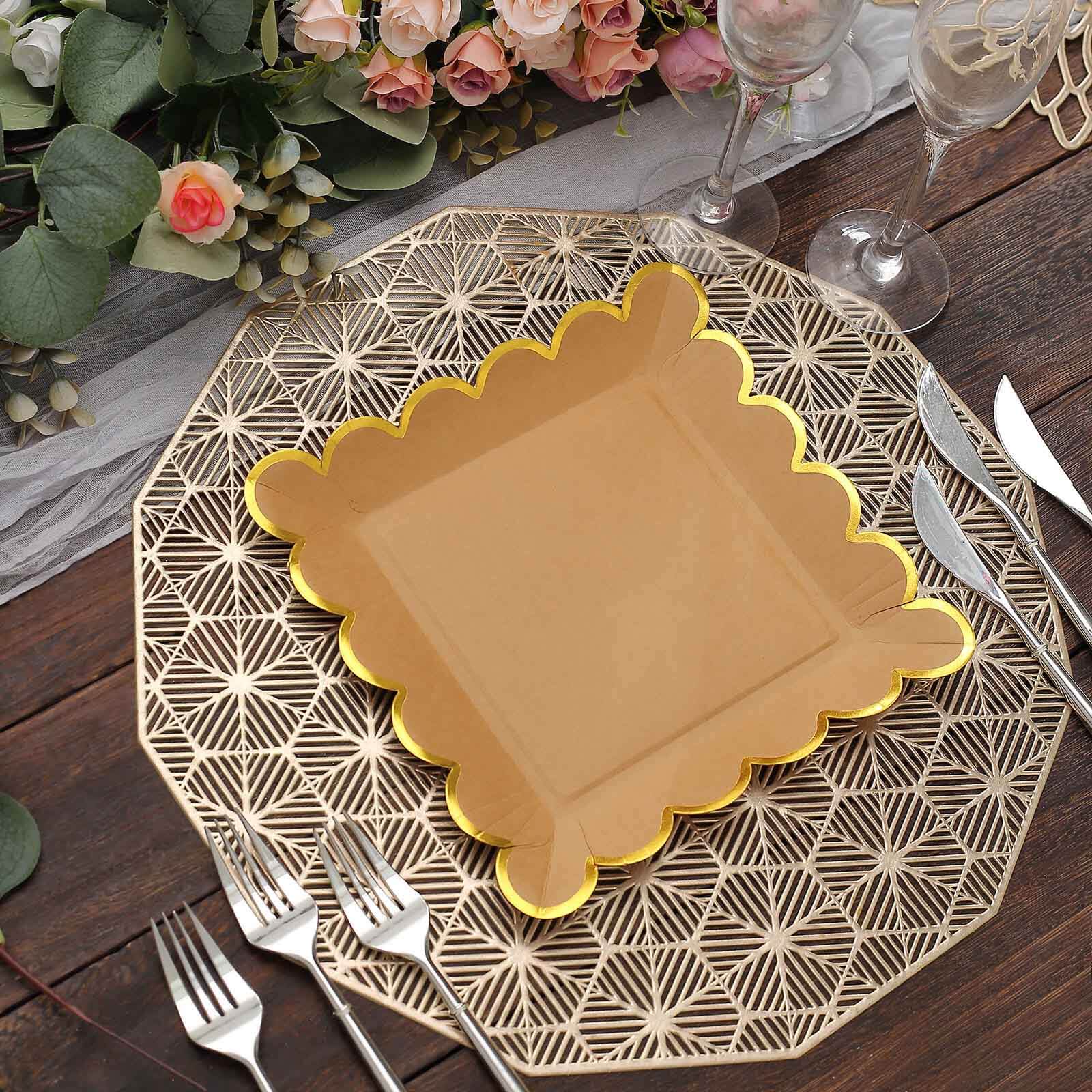 25-Pack Paper 9 Square Dinner Plates in Natural Brown with Gold Scalloped Rim - Disposable Party Plates for Rustic Gatherings & Chic Events