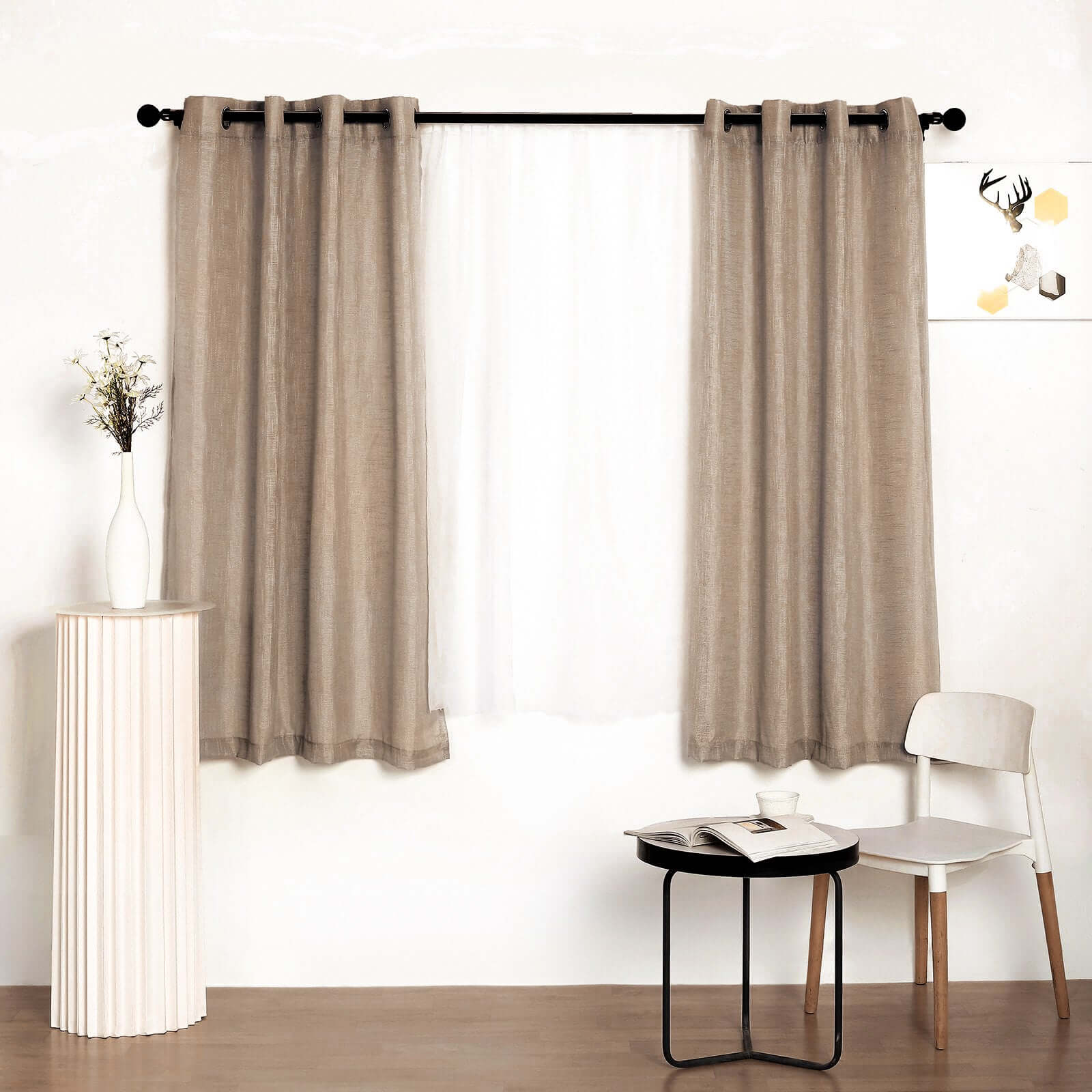 2 Pack Handmade Taupe Faux Linen Curtains 52x64, Curtain Panels With Chrome Grommets