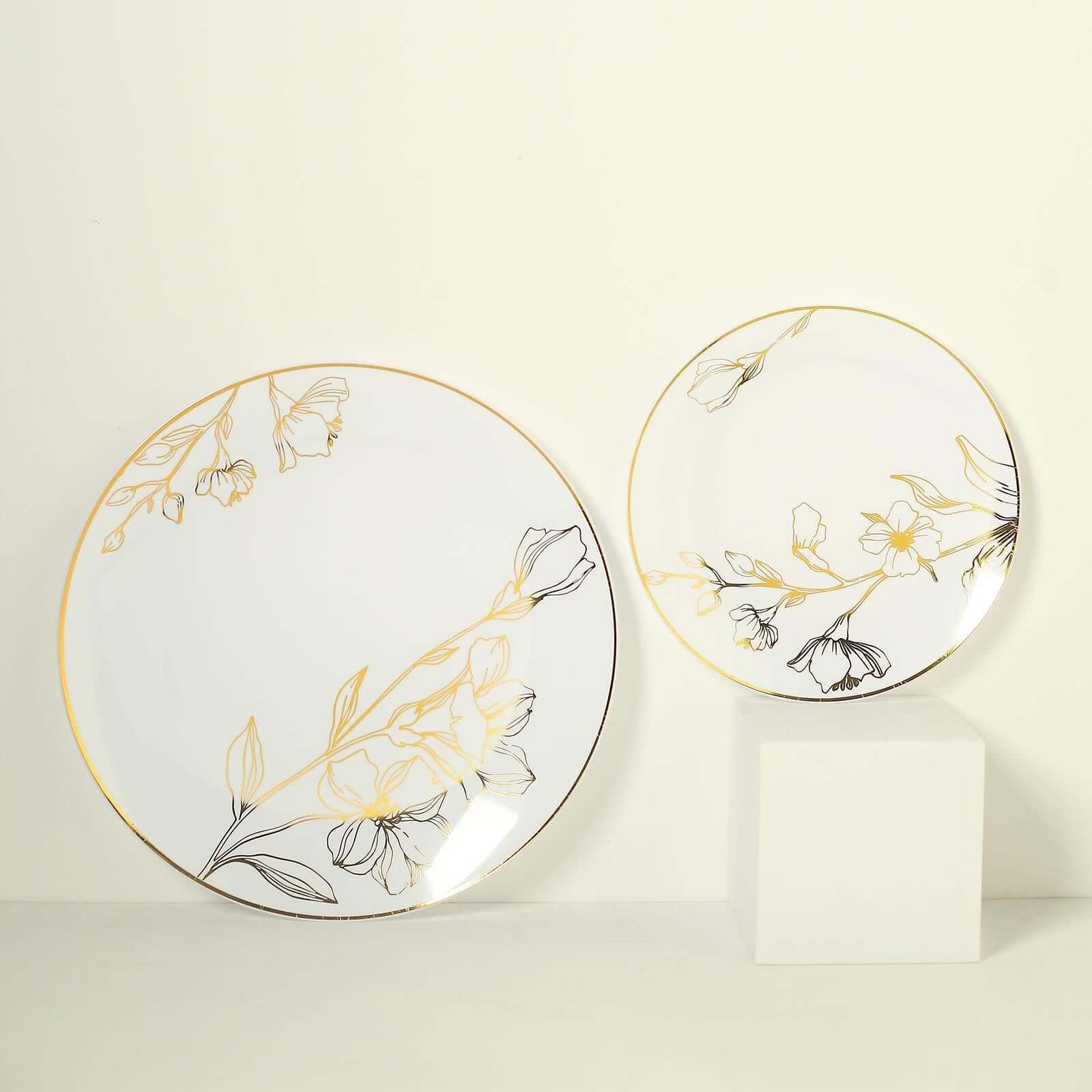 Set of 20 Plastic Round Dinner and Dessert Plates in White with Metallic Gold Floral Design - Stylish Disposable Dinnerware for Banquets & Special Occasions 8, 10