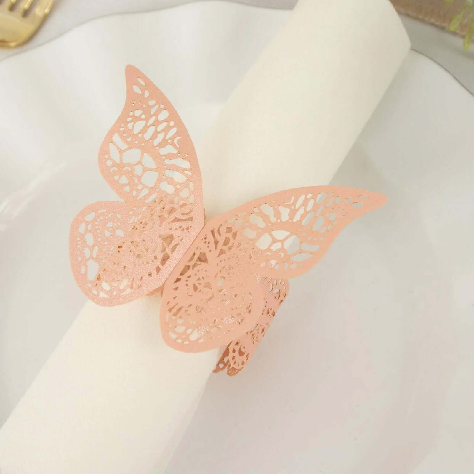 12-Pack Paper Napkin Rings Laser Cut Butterfly Blush Shimmery - Decorative Serviette Holders