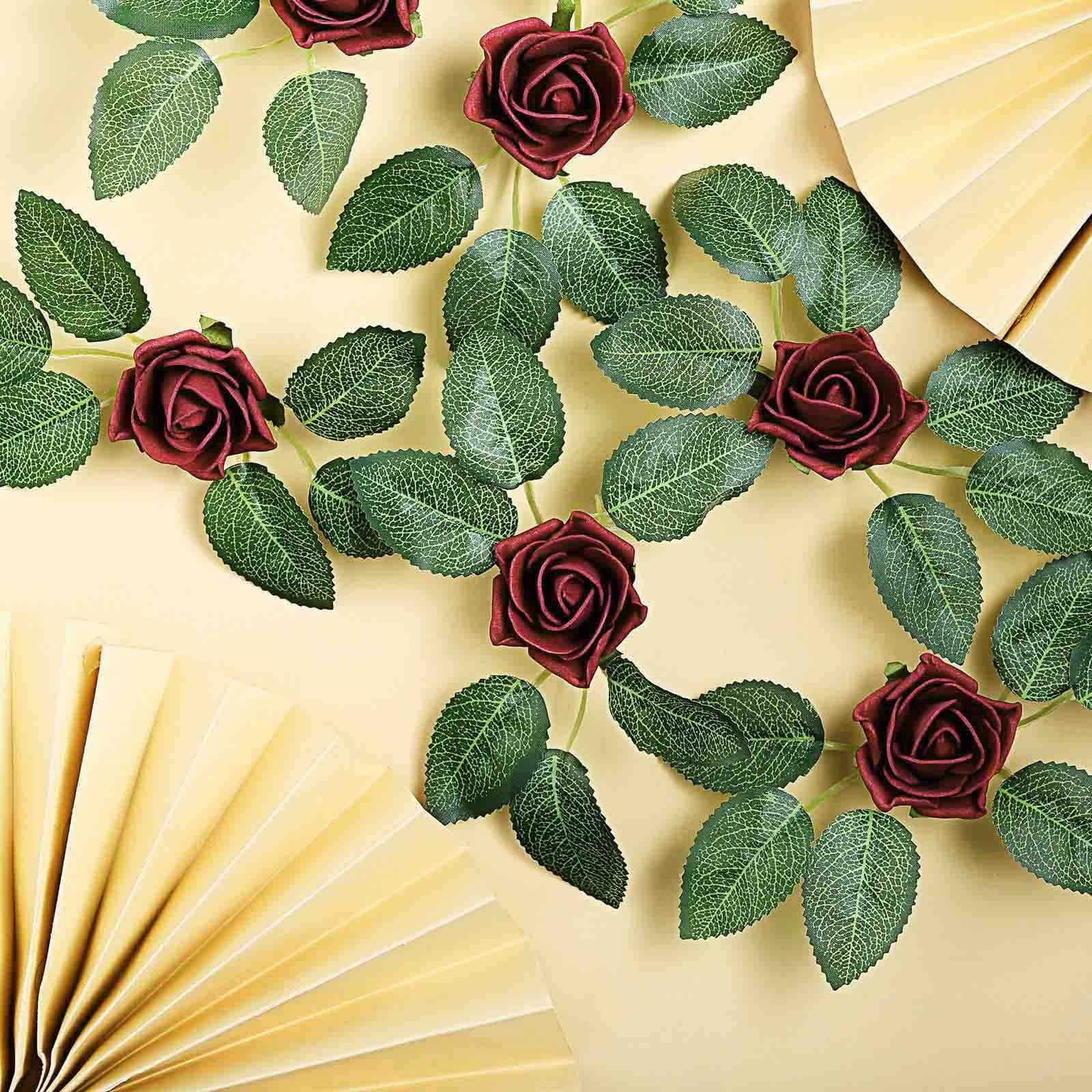 24 Roses 2 Burgundy Artificial Foam Flowers With Stem Wire and Leaves