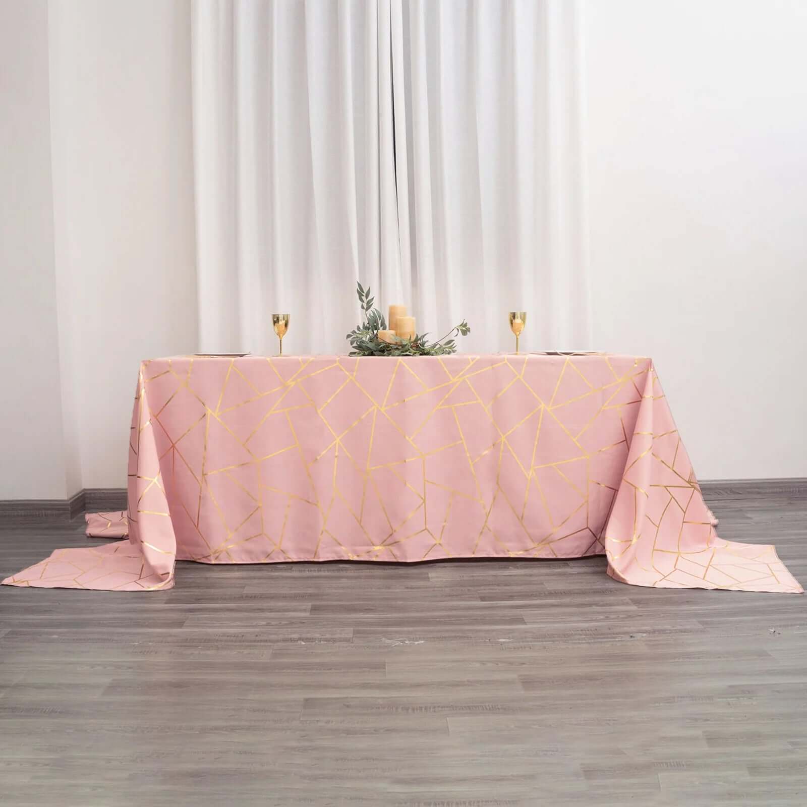 Polyester 90x156 Rectangle Tablecloth Dusty Rose Seamless with Gold Foil Geometric Pattern - Wrinkle-Resistant Seamless Table Cover for Sophisticated Events