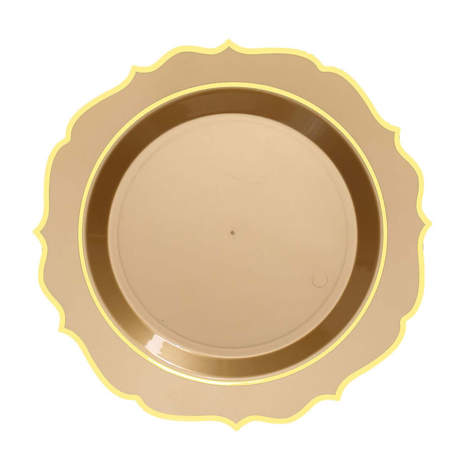 10-Pack Plastic 10 Round Dinner Plates in Gold with Gold Scalloped Rim - Disposable Party Plates