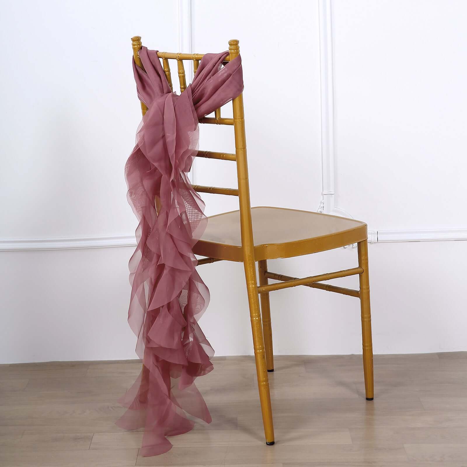 1 Set Chiffon Hoods Chair Sashes with Willow Ruffles Design Mauve Cinnamon Rose - Stylish Chair Bow Decor