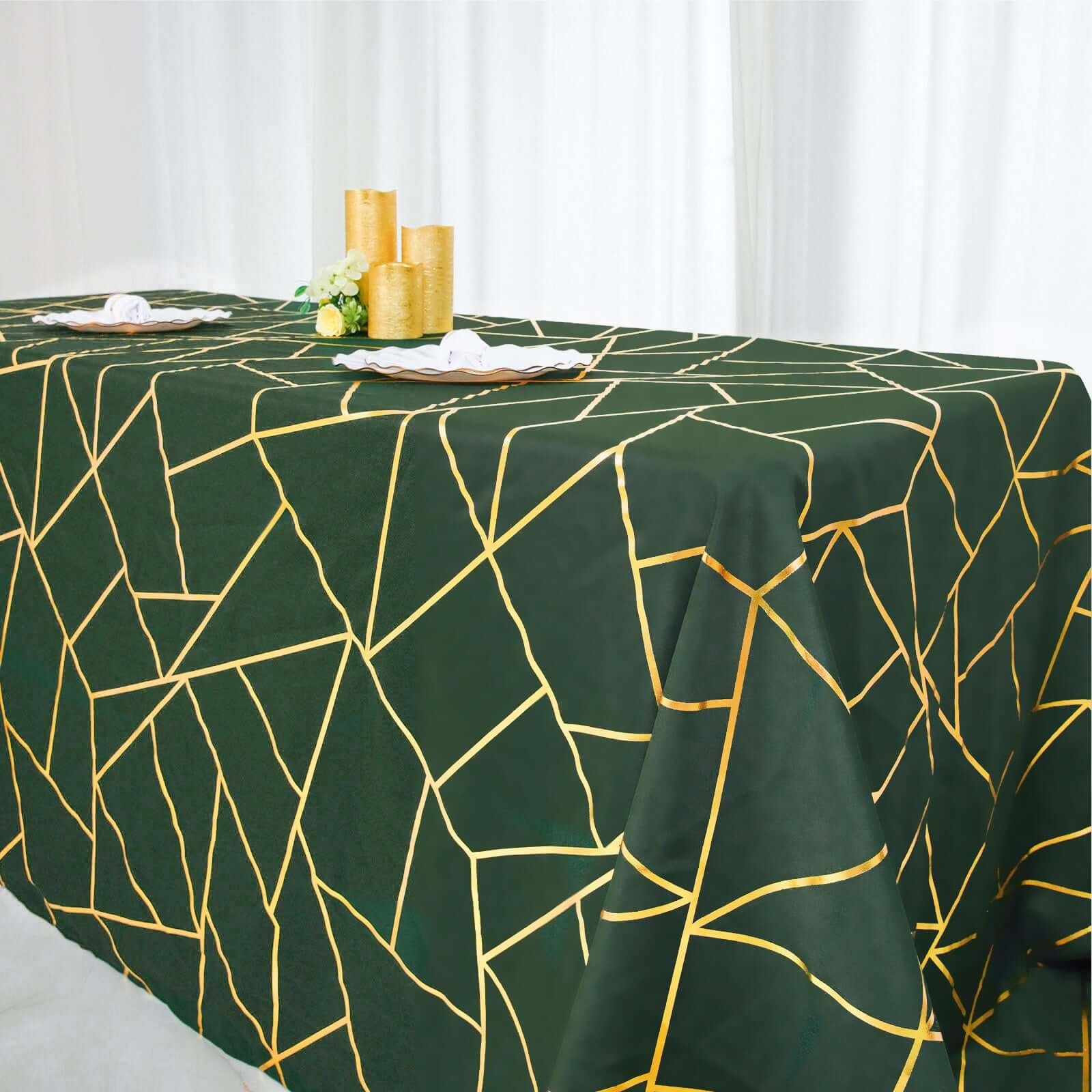 Polyester 90x132 Rectangle Tablecloth Hunter Emerald Green with Gold Foil Geometric Pattern - Wrinkle-Resistant Seamless Table Cover