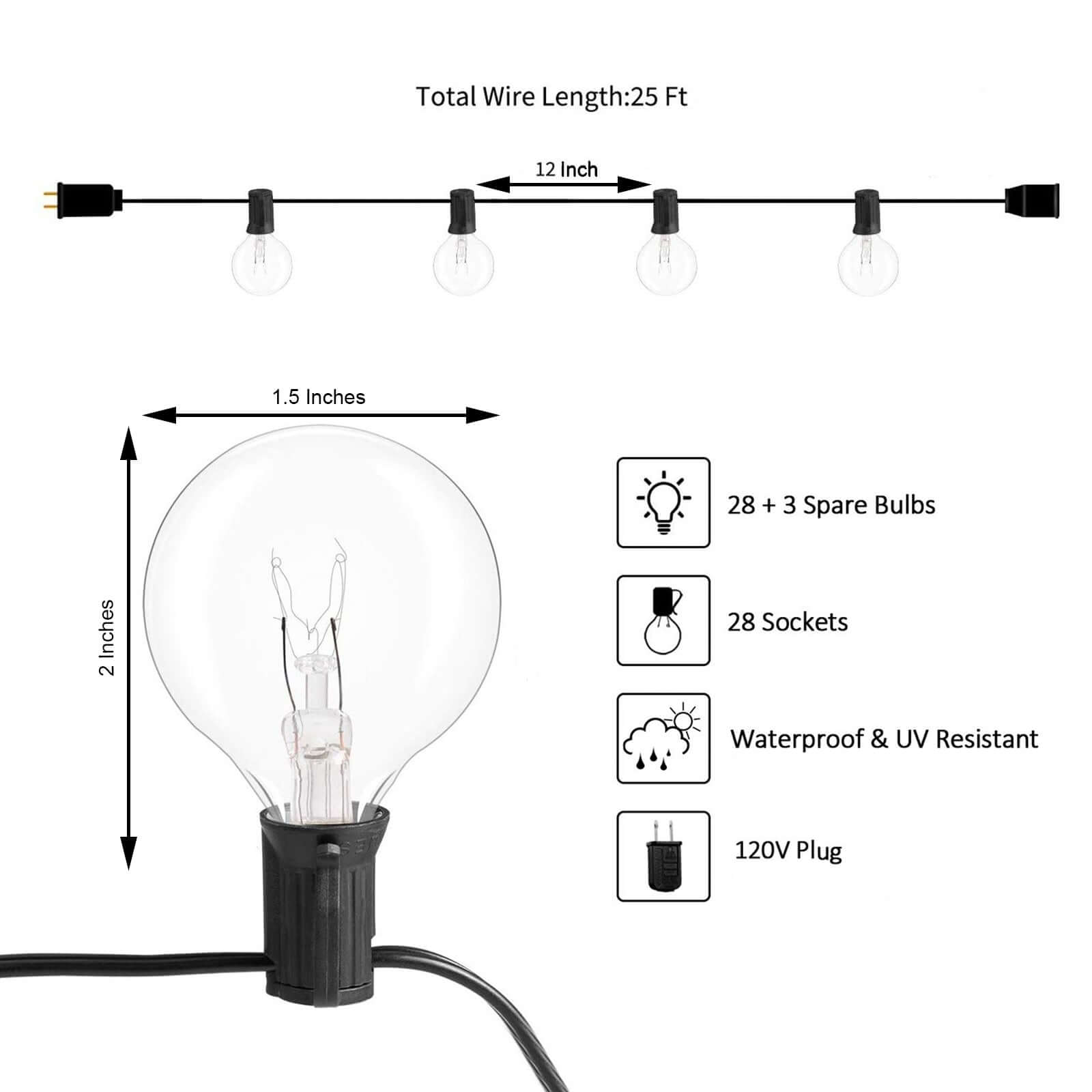 25ft Warm White Connectable Hanging Outdoor or Indoor String Lights, Waterproof 120V With 28 Incandescent Glass Light Bulbs