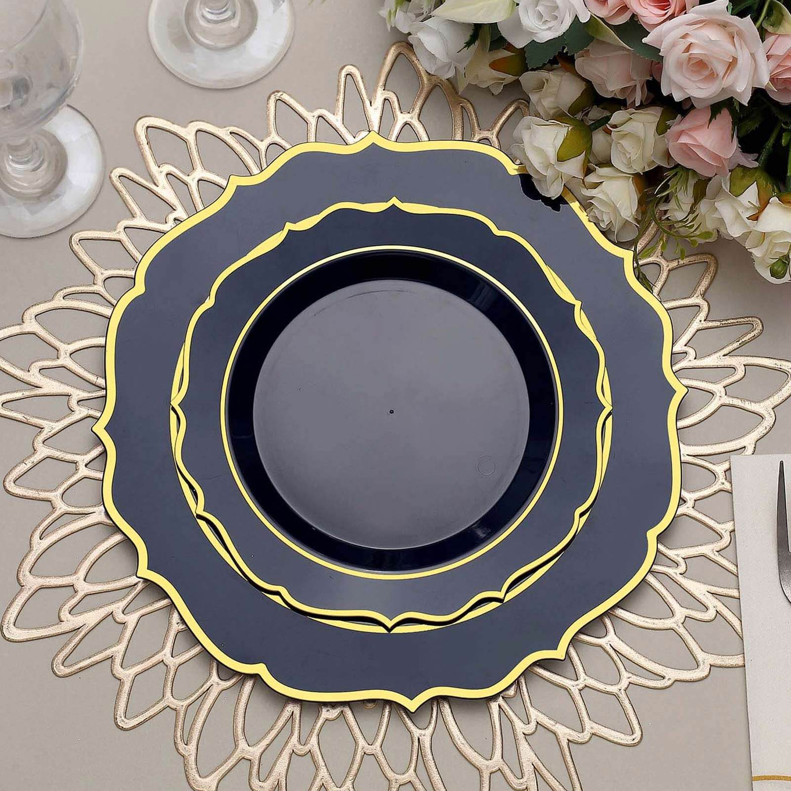 10-Pack Plastic 8 Round Desert Plates in Navy Blue with Gold Scalloped Rim - Disposable Appetizer/Salad Plates