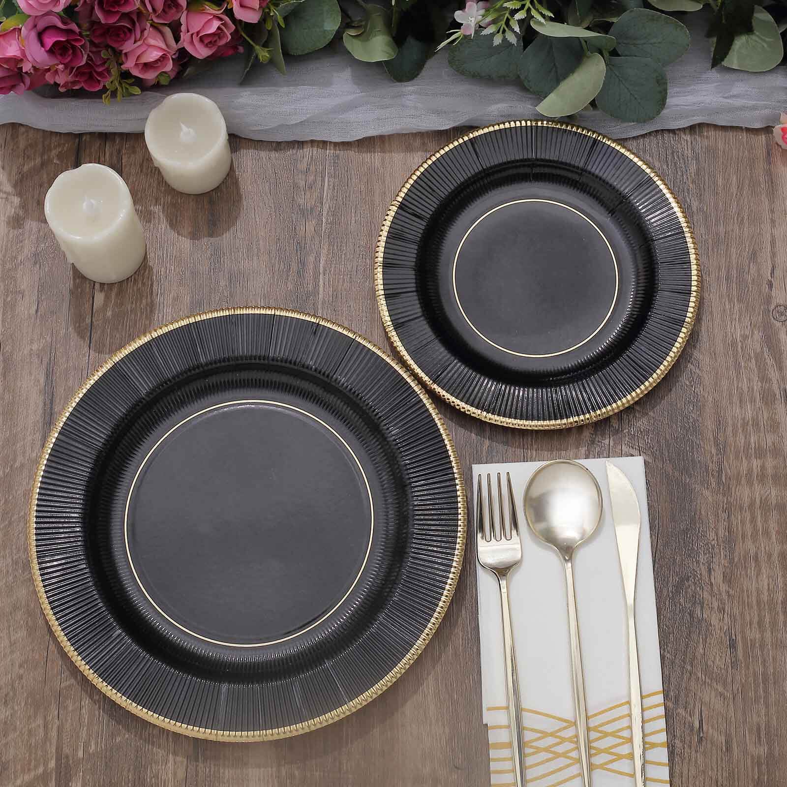 25-Pack Paper 10 Round Dinner Plates in Black Sunray Design with Gold Rim - Disposable Heavy Duty 350GSM Party Plates for Banquets & Celebrations