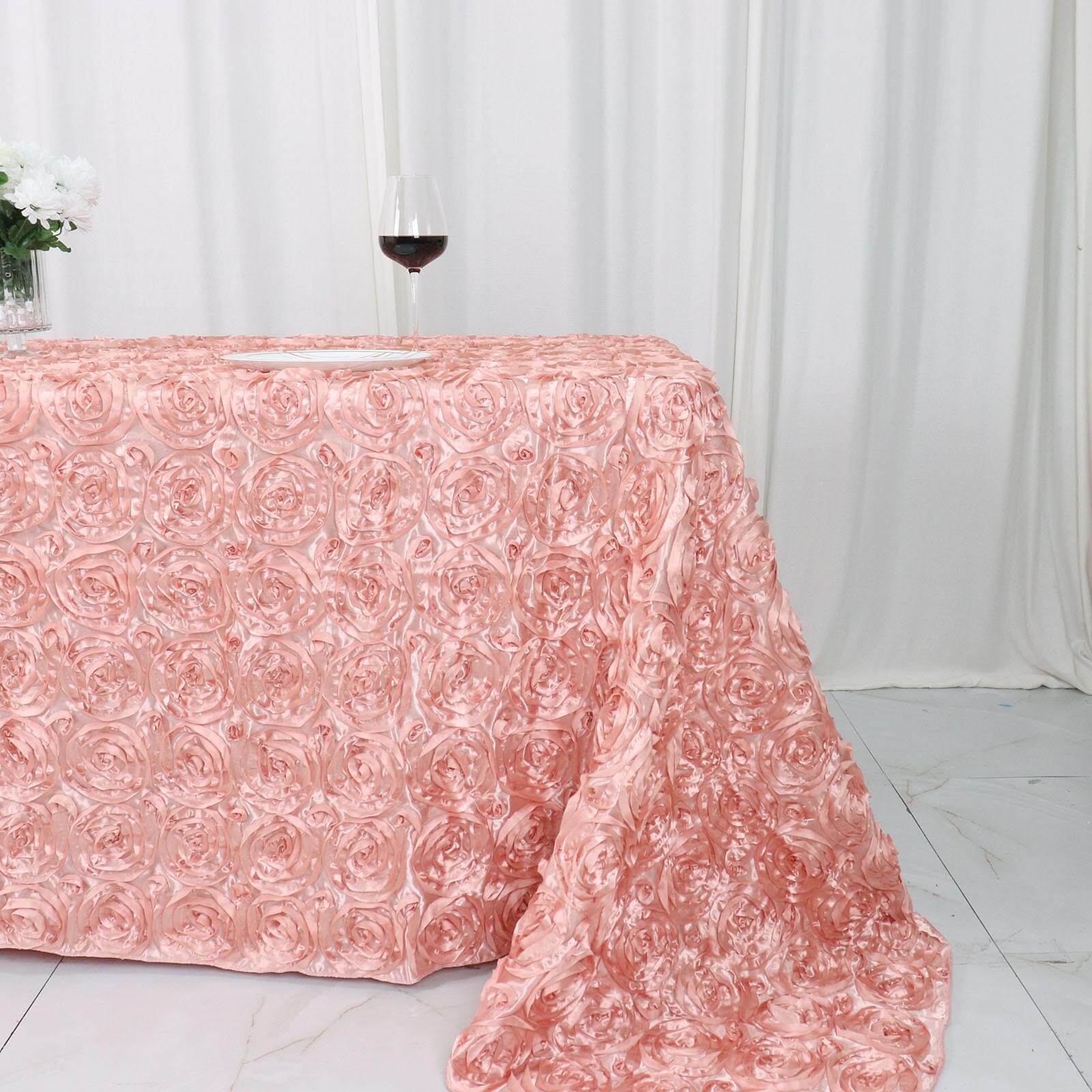 Satin 90x132 Rectangle Tablecloth Dusty Rose - Grandiose 3D Rosette Seamless Table Cover