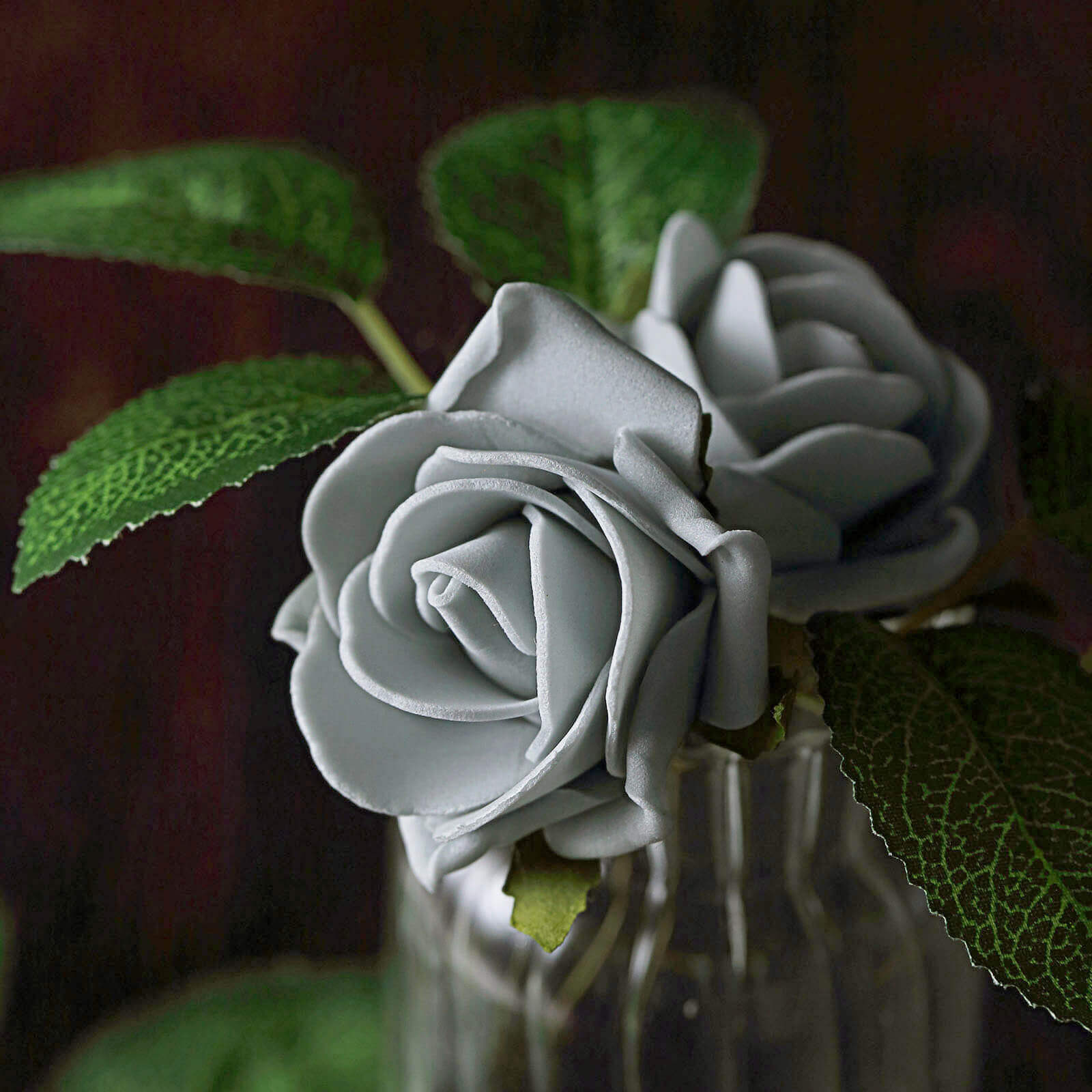 24 Roses 2 Silver Artificial Foam Flowers With Stem Wire and Leaves