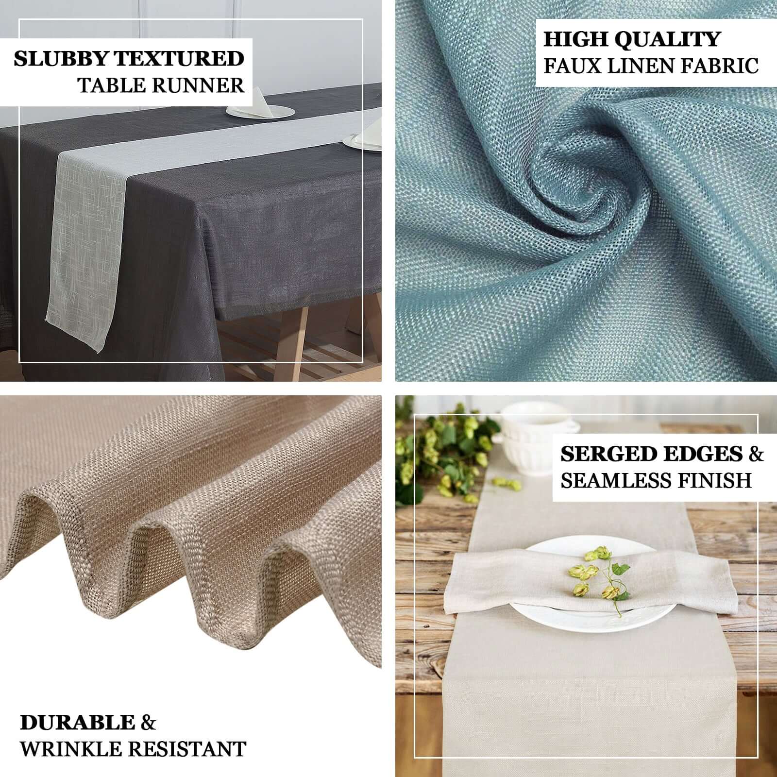 Faux Linen 12x108 Table Runner Taupe - Slubby Textured & Wrinkle Resistant Table Decor