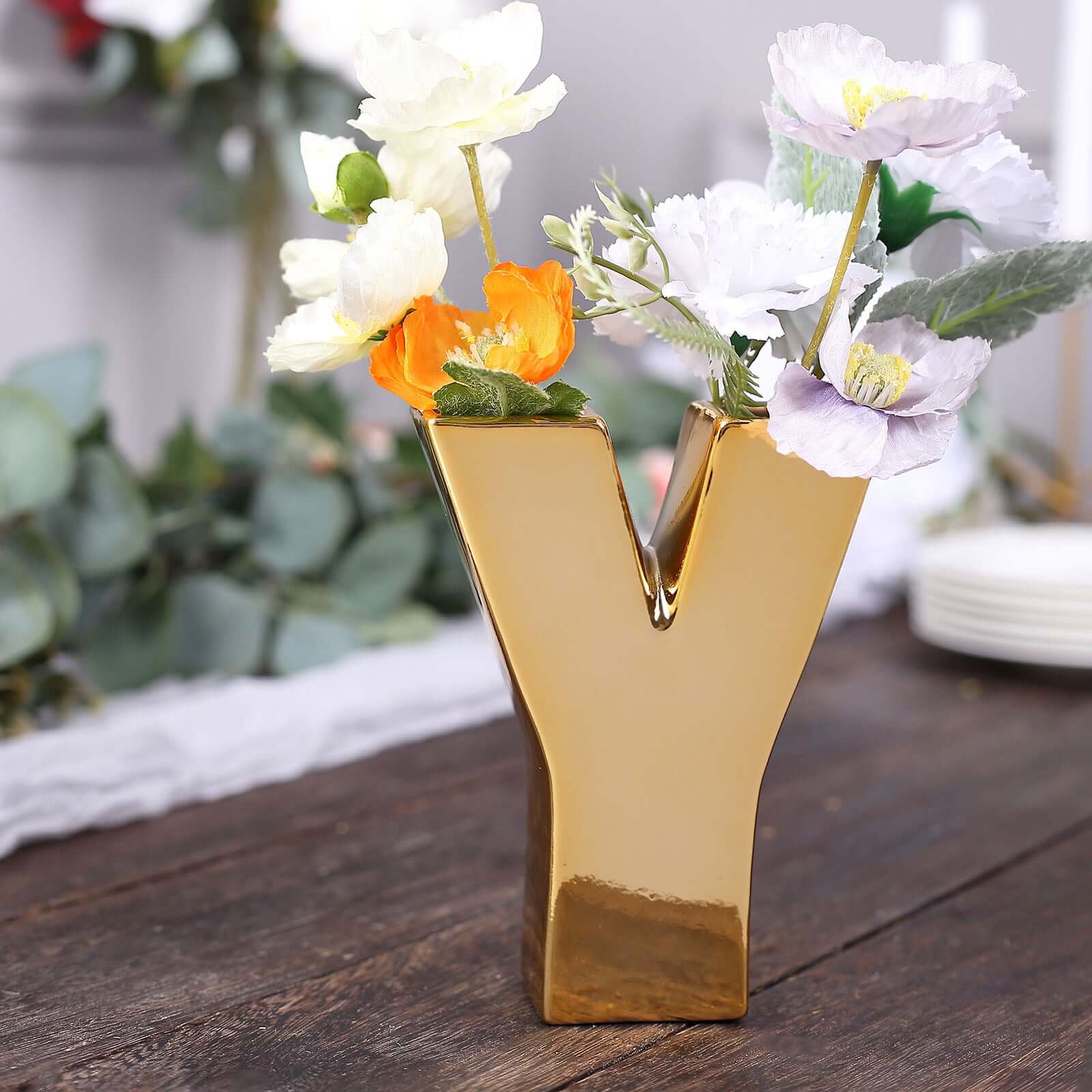 Shiny Ceramic Vase Letter Y Gold Plated - Chic Bud Planter Pot for Events & Decor 6