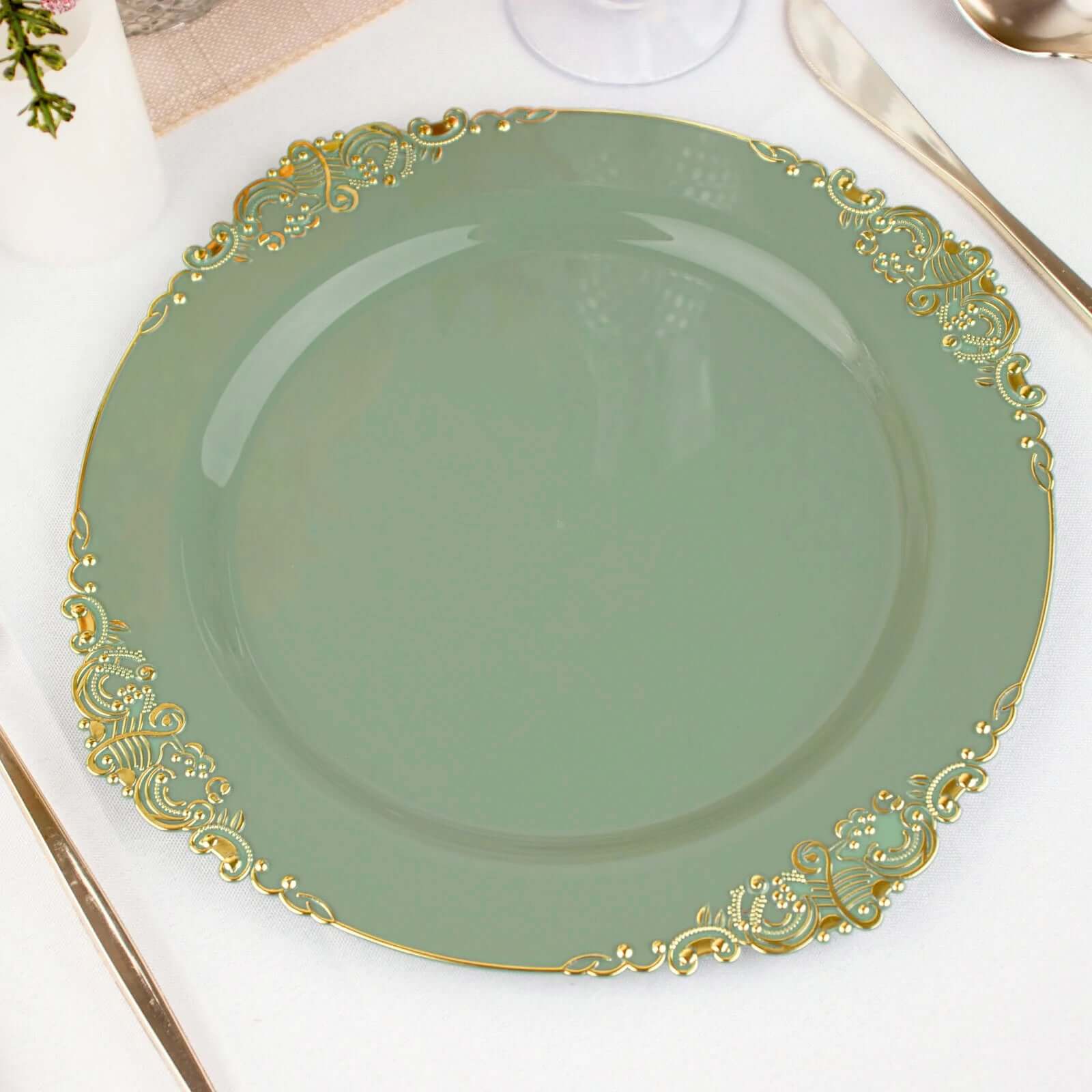 10-Pack Plastic 10 Round Dinner Plates in Dusty Sage Green with Gold Leaf Embossed Rim - Disposable Vintage Baroque Style Plates